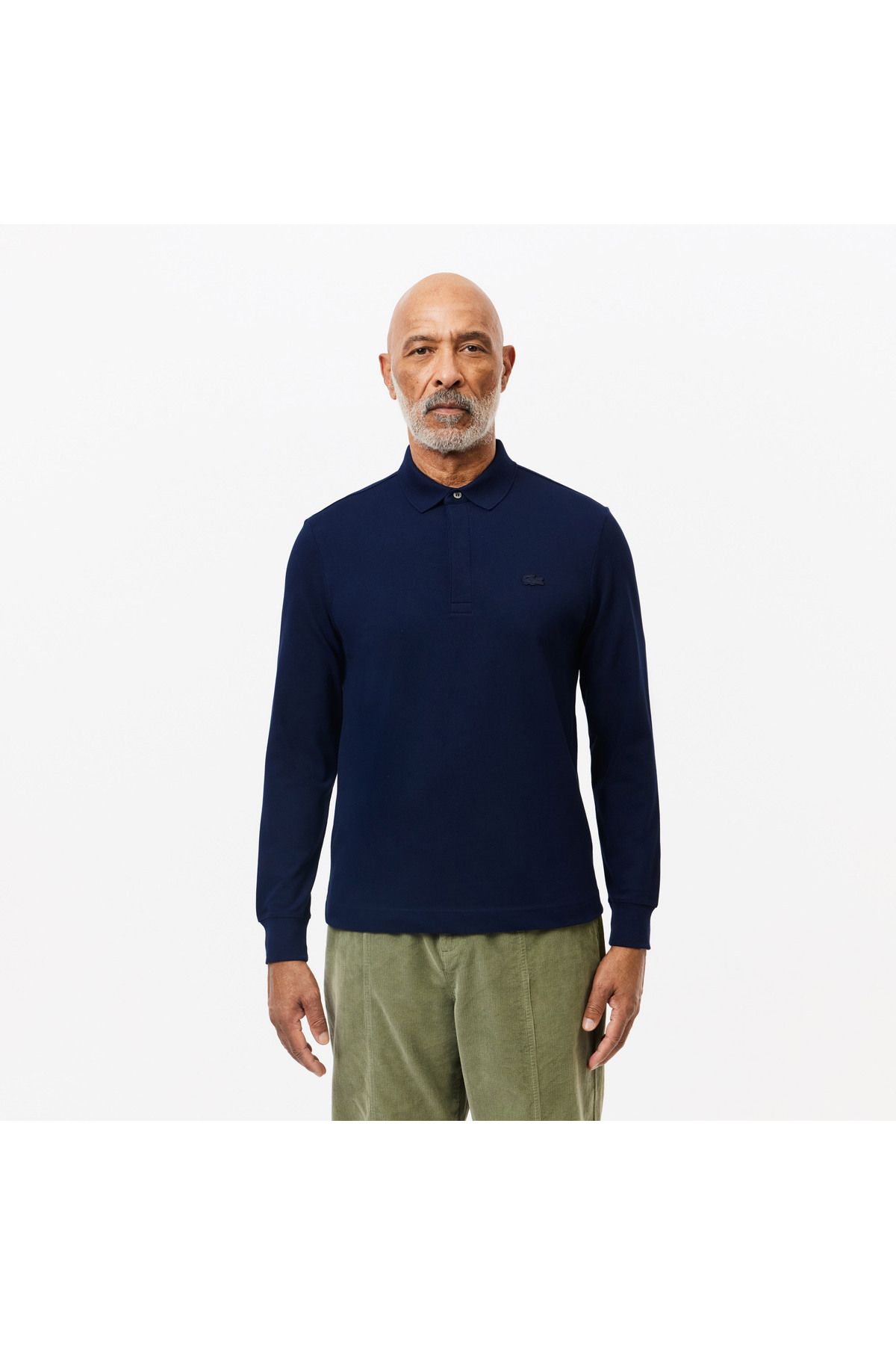 تی شرت یقه پولو آبی مردانه آستین خاکستری بلند و مناسب پاریس Lacoste