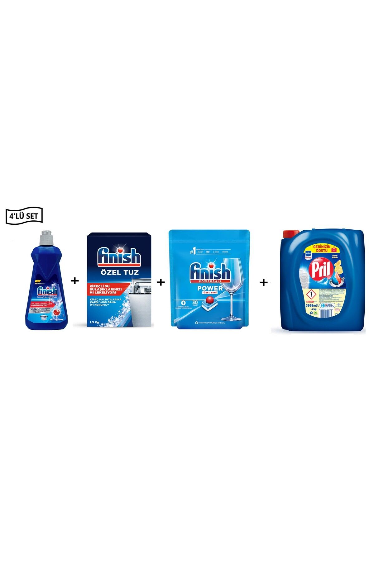 Finish Bulaşık Makinesi Tuzu 1.5 kg+FinishParlatıcı400ml+Finish Power 30 Tablet+Pril 4 kg-(4’lü set)