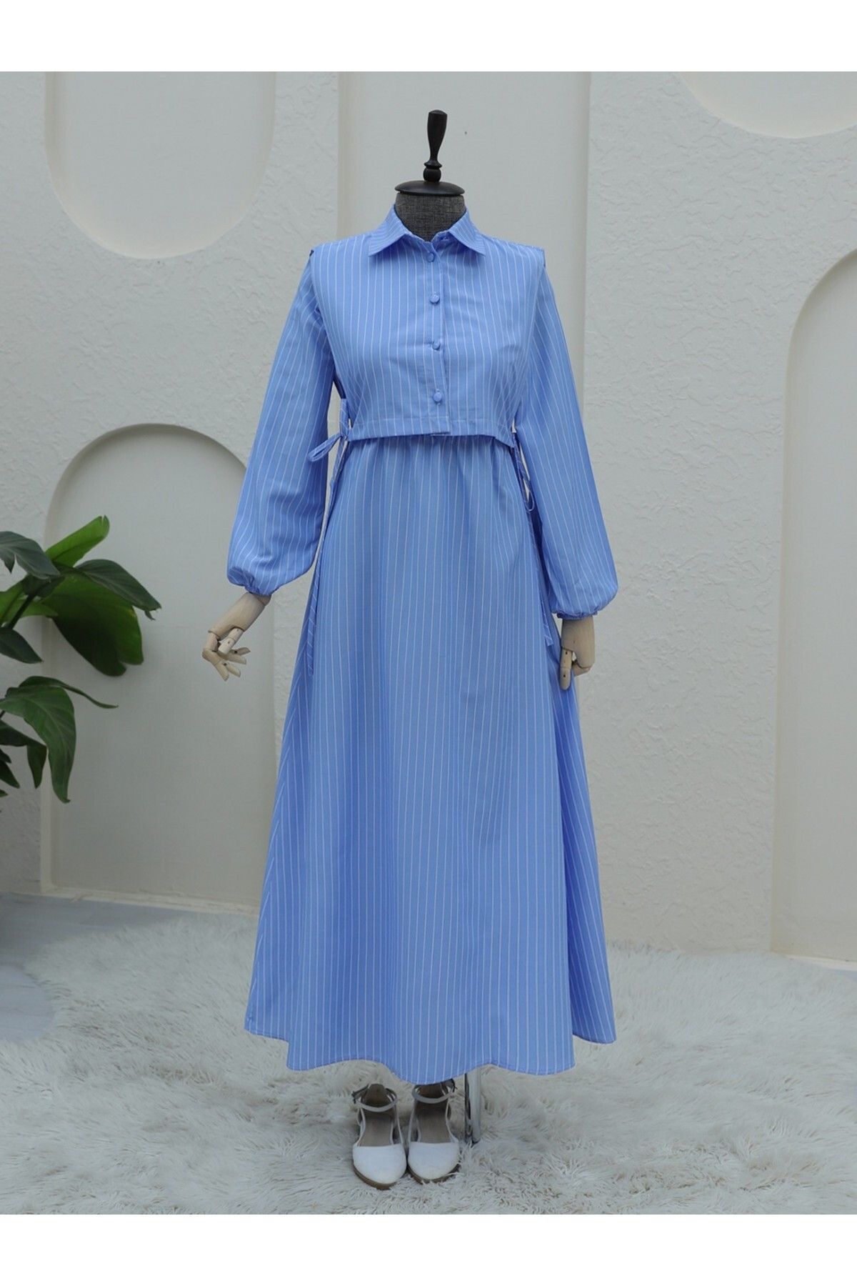 Modamorfo-Shirt Collar Bolero Detailed Striped Long Dress -Light Blue 2