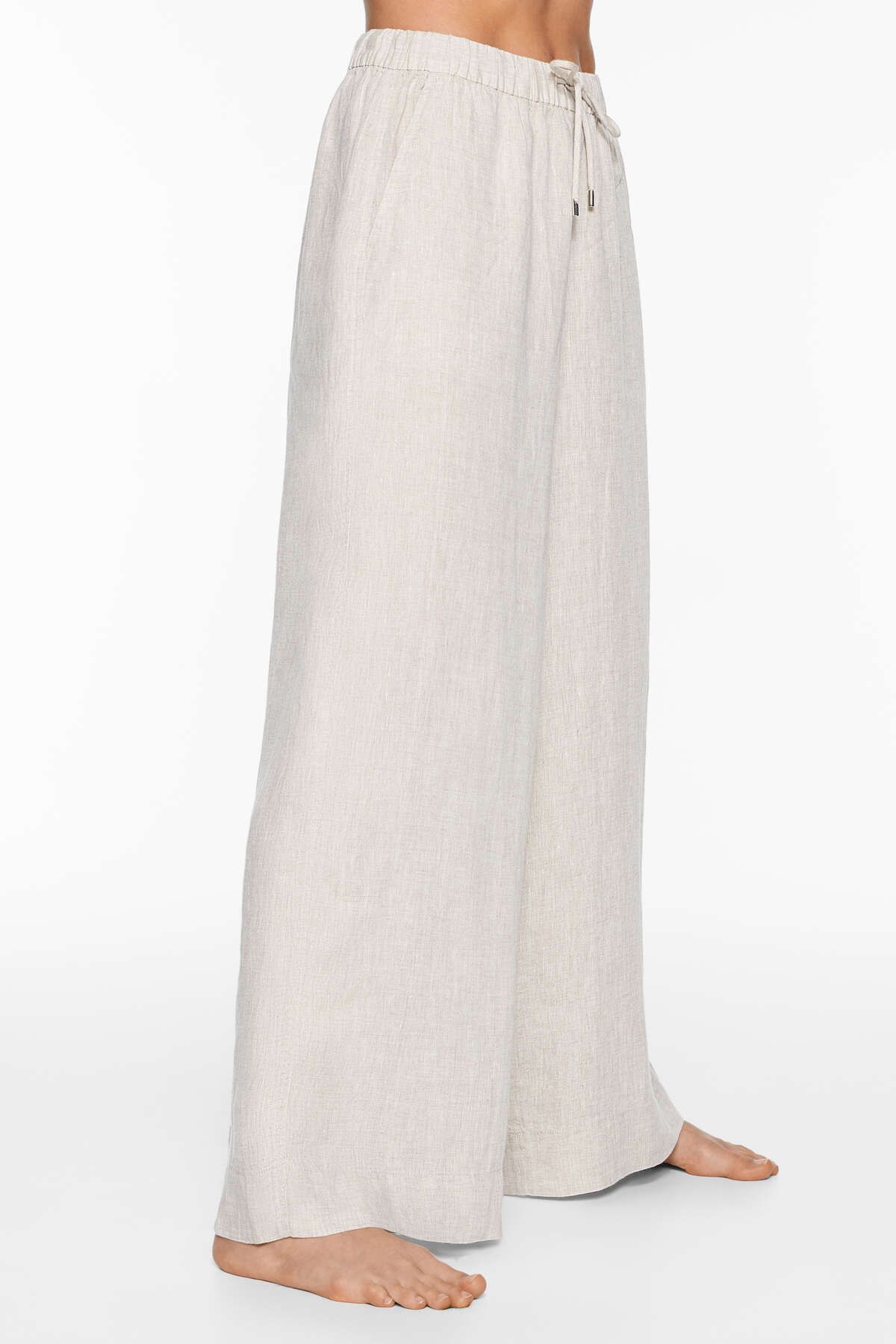 Oysho-100% linen wide straight-leg trousers 1