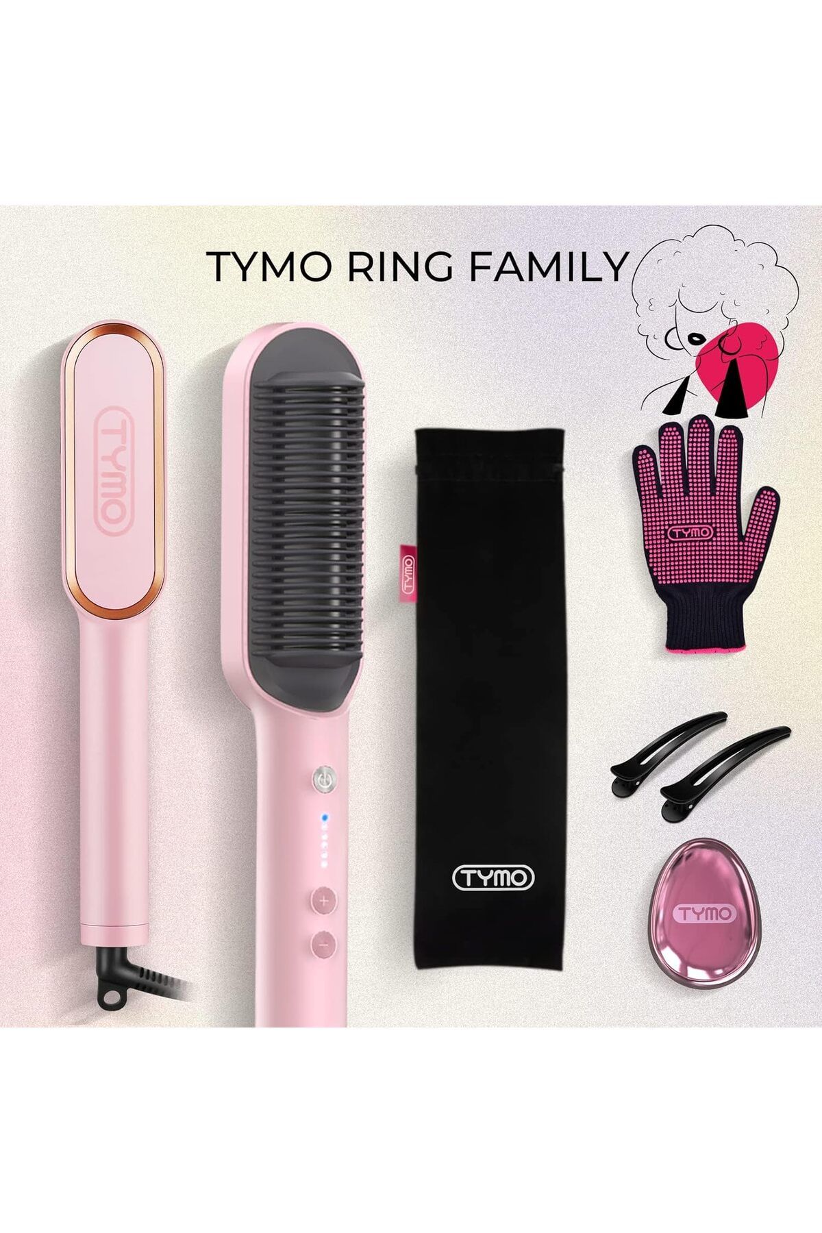 TYMO-Hair Straightener Brush with Built-in Comb, Fast Heating & 5 Temp Settings, Pink 5