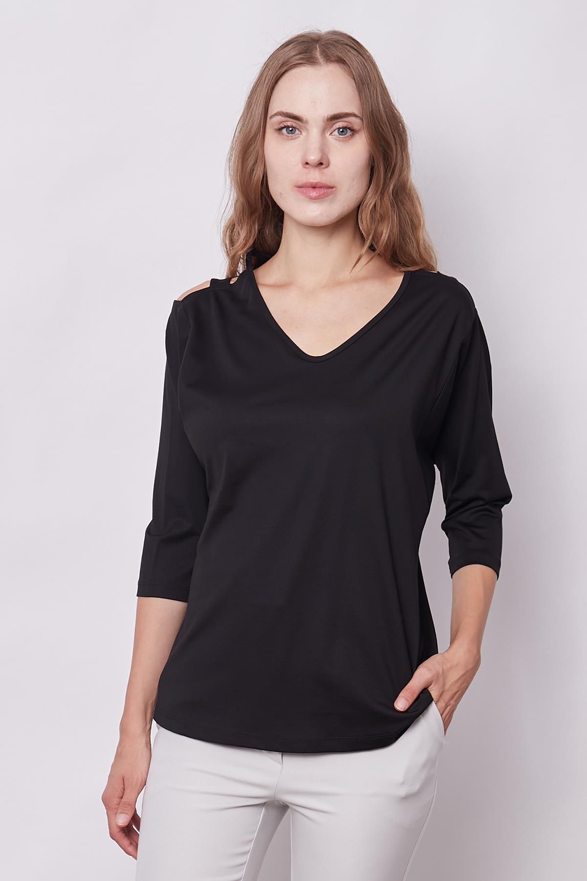 Jument-V-Neck Off-Shoulder Lightweight Lycra Blouse - Black 2