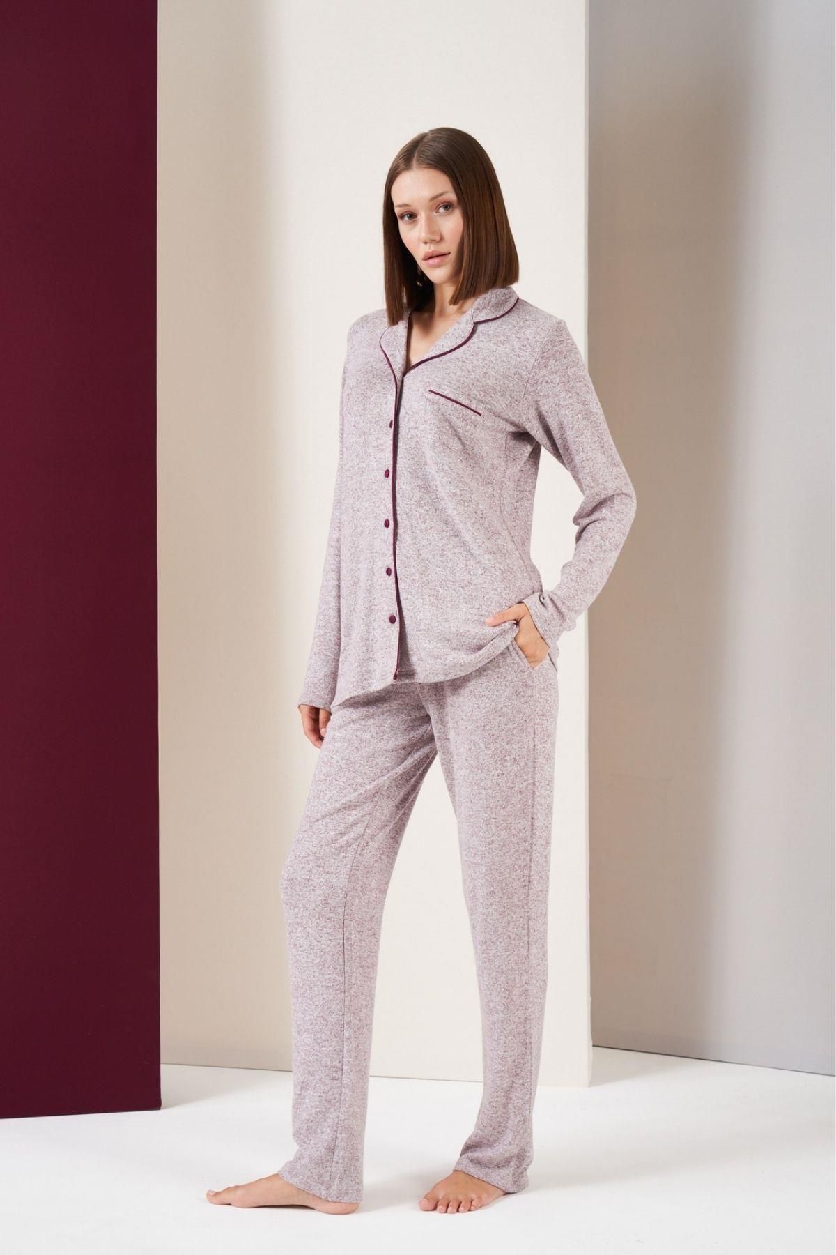 PJS-Women's Buttoned Piping Long Sleeve Soft Pajama Set with Six Pockets 2