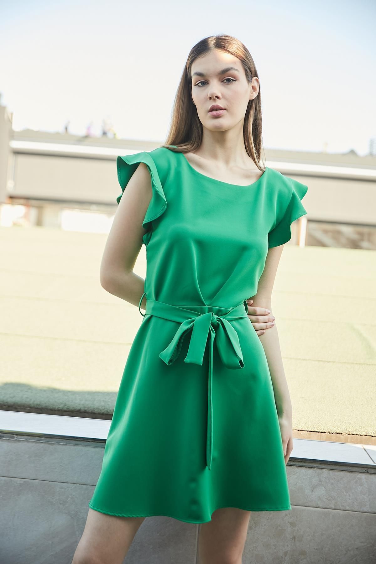 Jument-Light Lycra Crepe Office Dress - Boat Neck, Flounce Sleeves, Lace-up Waist, Kiloş Skirt - B.Green 2