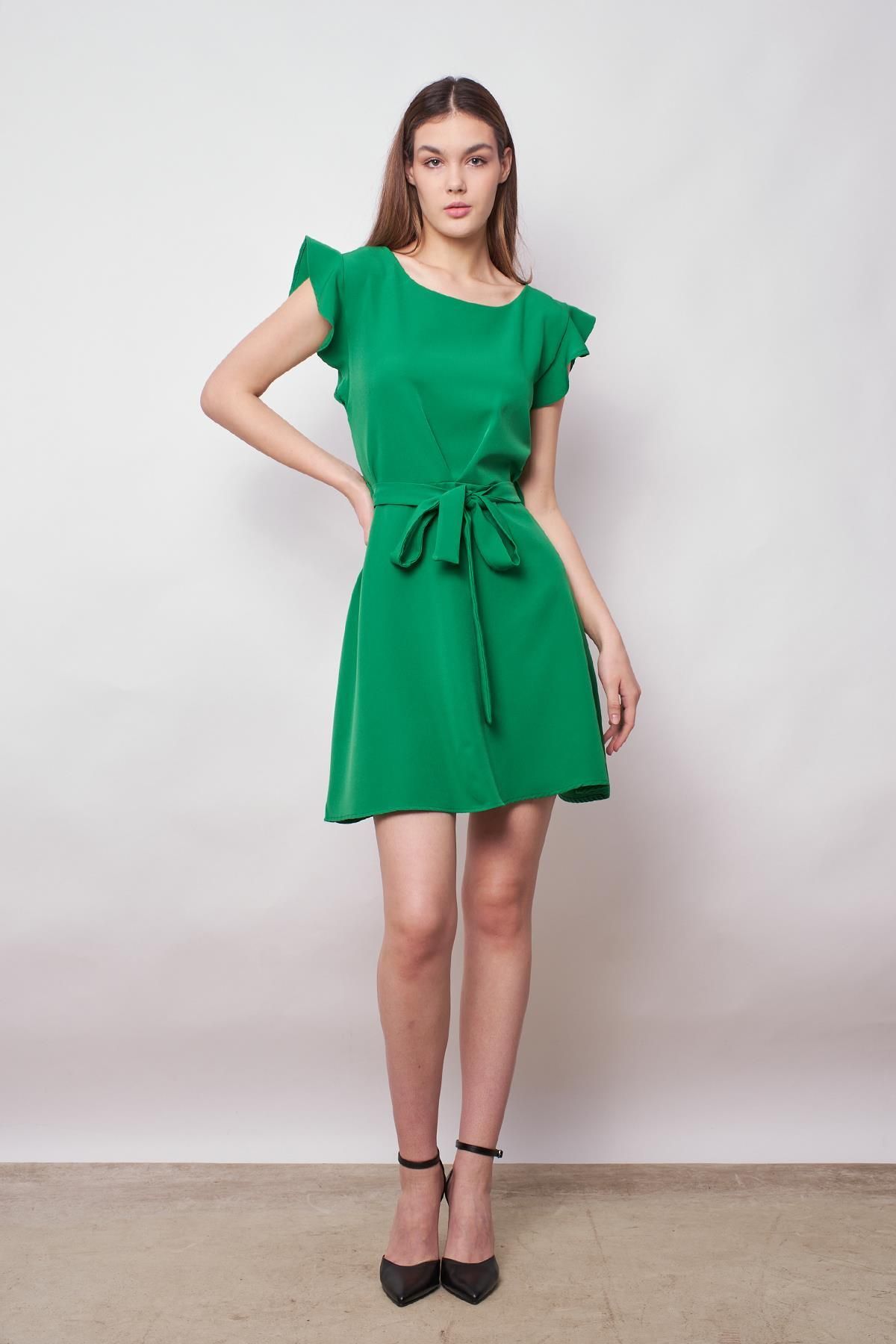 Jument-Light Lycra Crepe Office Dress - Boat Neck, Flounce Sleeves, Lace-up Waist, Kiloş Skirt - B.Green 3