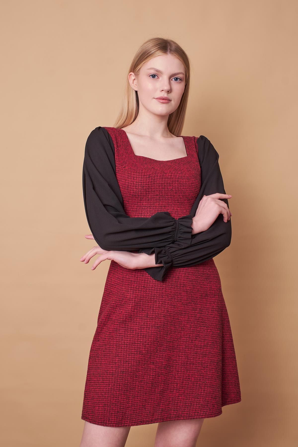 Jument-Women's Winter Wool Jacquard Fabric Chiffon Detailed Square Collar Skirt Bell Long Sleeve Dress-Burgundy Houndstooth 6