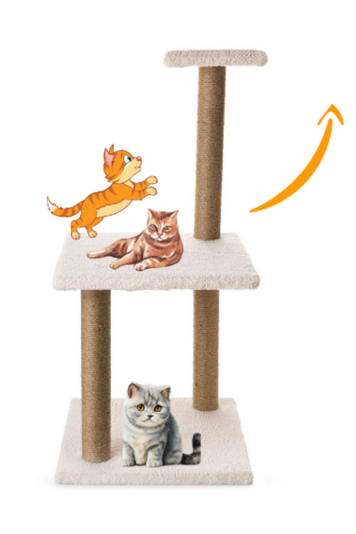 BEYLİNİ-Cat Scratch Board Set of 3 - Plush Fabric, 84 cm Height, 3-Step Jumping Game (Cream) 5