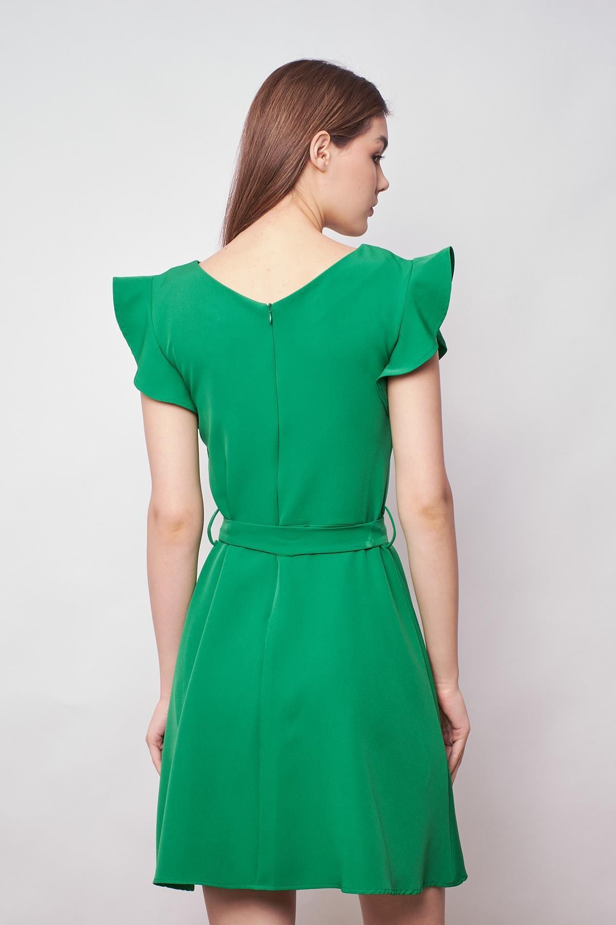 Jument-Light Lycra Crepe Office Dress - Boat Neck, Flounce Sleeves, Lace-up Waist, Kiloş Skirt - B.Green 7