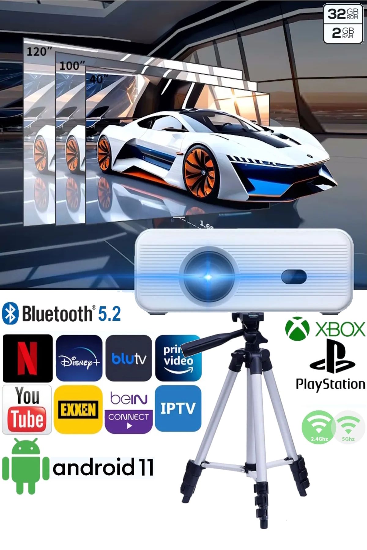 Akıllı Taşınabilir Projeksiyon Ev Sineması Bluetooth Wifi Android 11 2gb/32gb Tripod