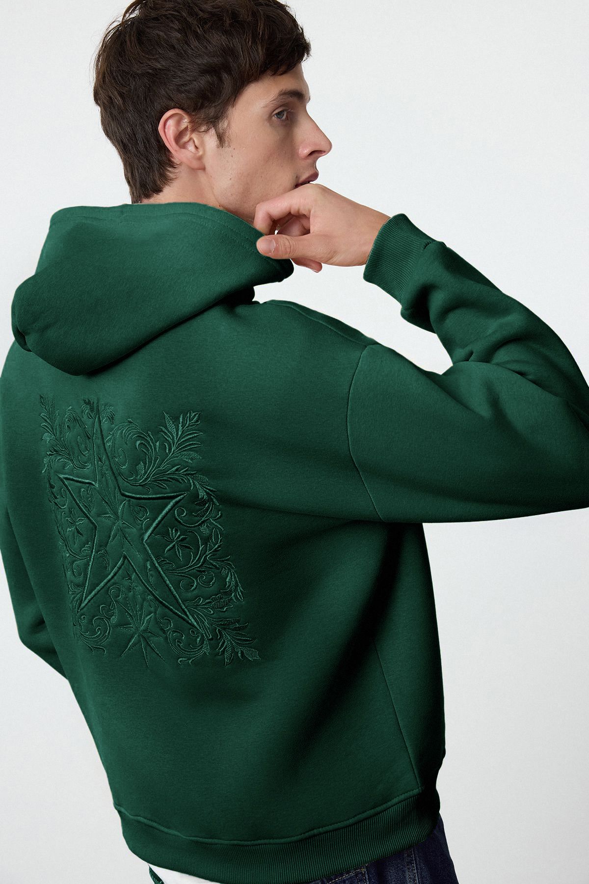 Trendyol Collection Hanorac Supradimensionat Cu Glugă Cu Detaliu Broderie Verde Smarald - Masculin - M