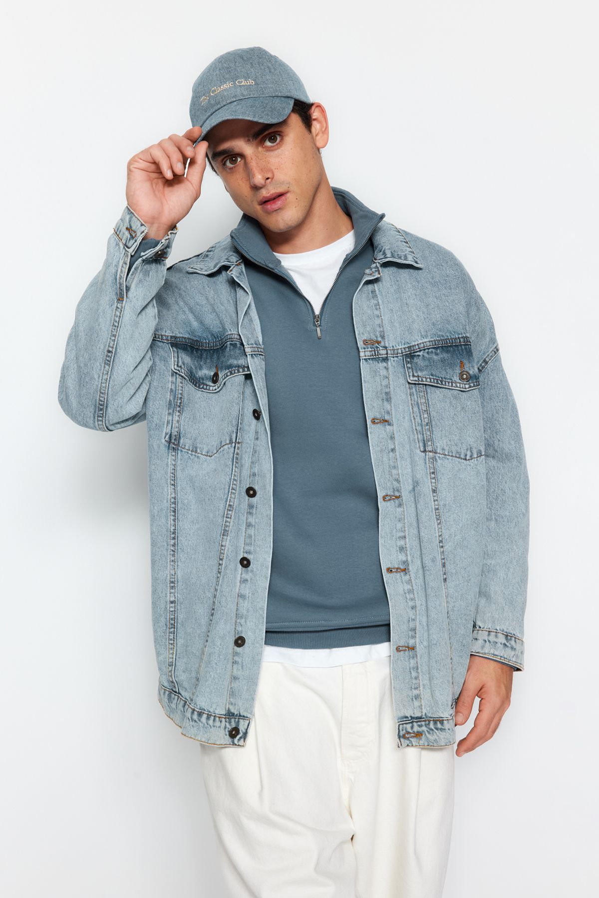 Trendyol Collection-Blaues Fleece-Baumwoll-Sweatshirt – Stehkragen, Reißverschluss TMNAW24SW00041 4