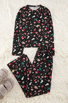 TRENDYOLMİLLA Siyah-Çok Renkli Yılbaşı Süprem Örme Pijama Takımı THMAW25PT00212