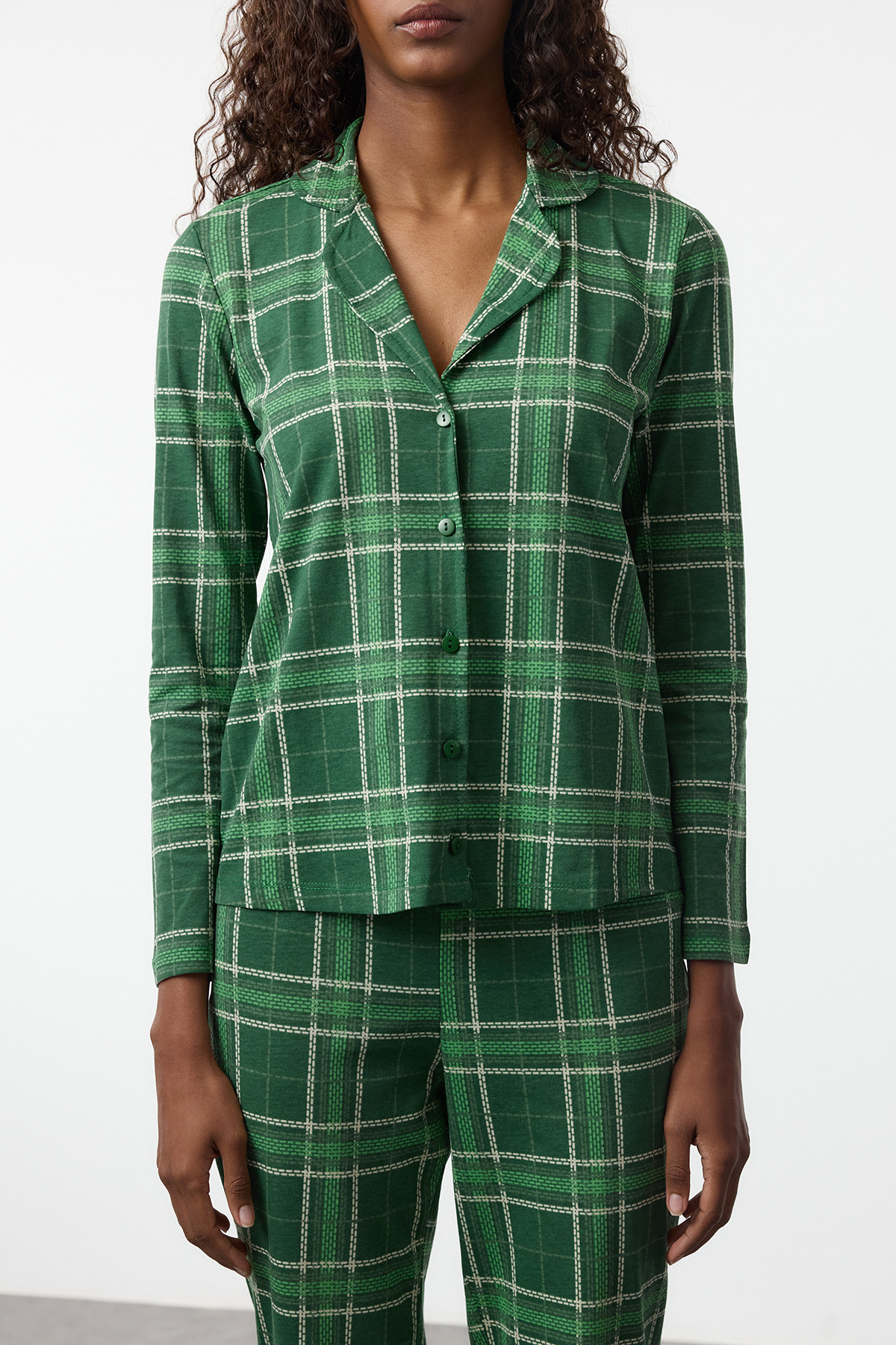 Trendyolmilla  Yeşil %100 Pamuklu Ekoseli Örme Pijama Takımı THMAW20PT0266 - Görsel 3