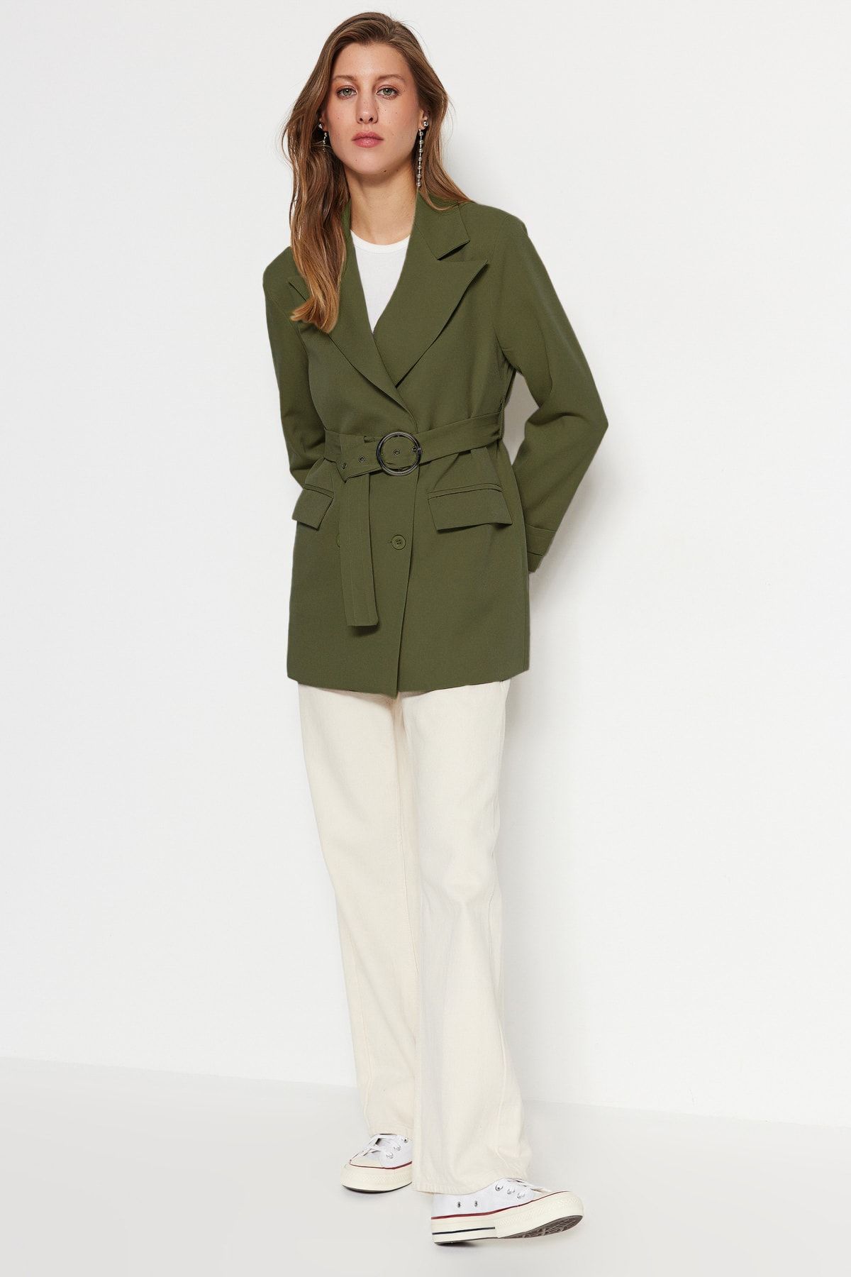 Trendyol Collection Baglama Ze Szczegółową Tkaną Marynarką W Kolorze Khaki Z Regularną Podszewką Kobieta - 36