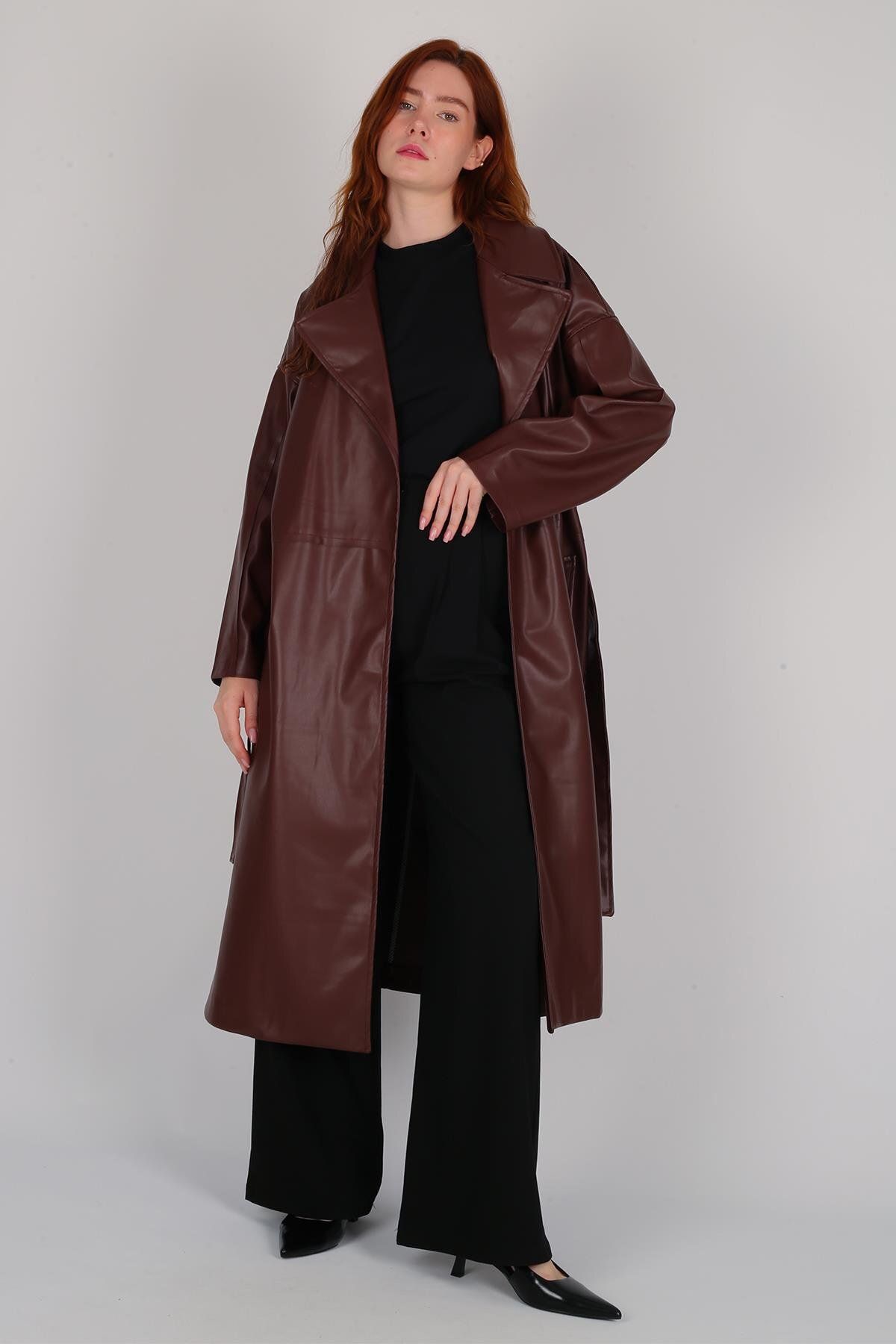 FACETTE-Women's Brown Belted Long Leather Jacket 2