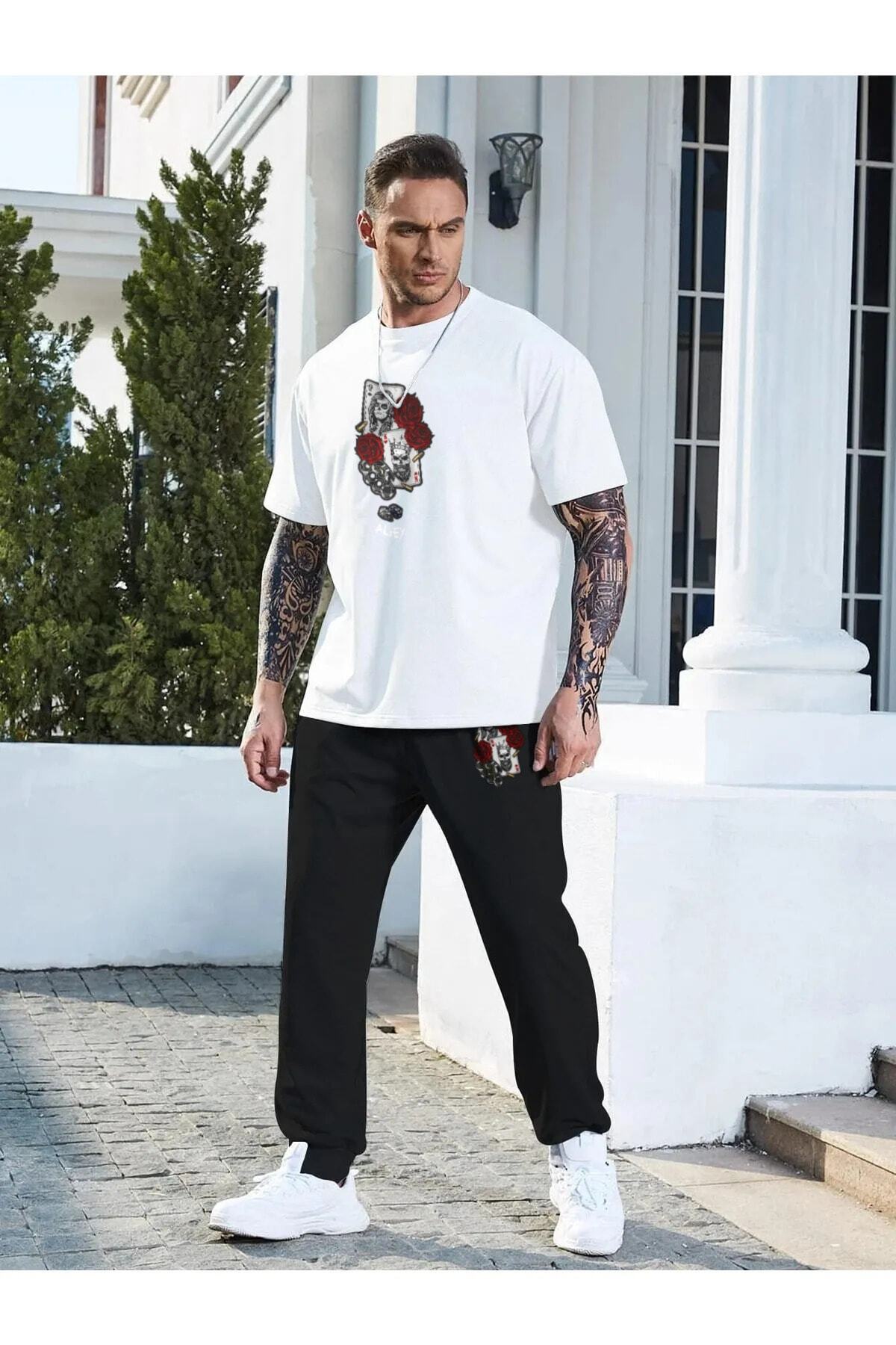 HOFFNUNG İskambil Baskılı Eşofman Altı Ve T-shirt Alt Üst Eşofman Takımı