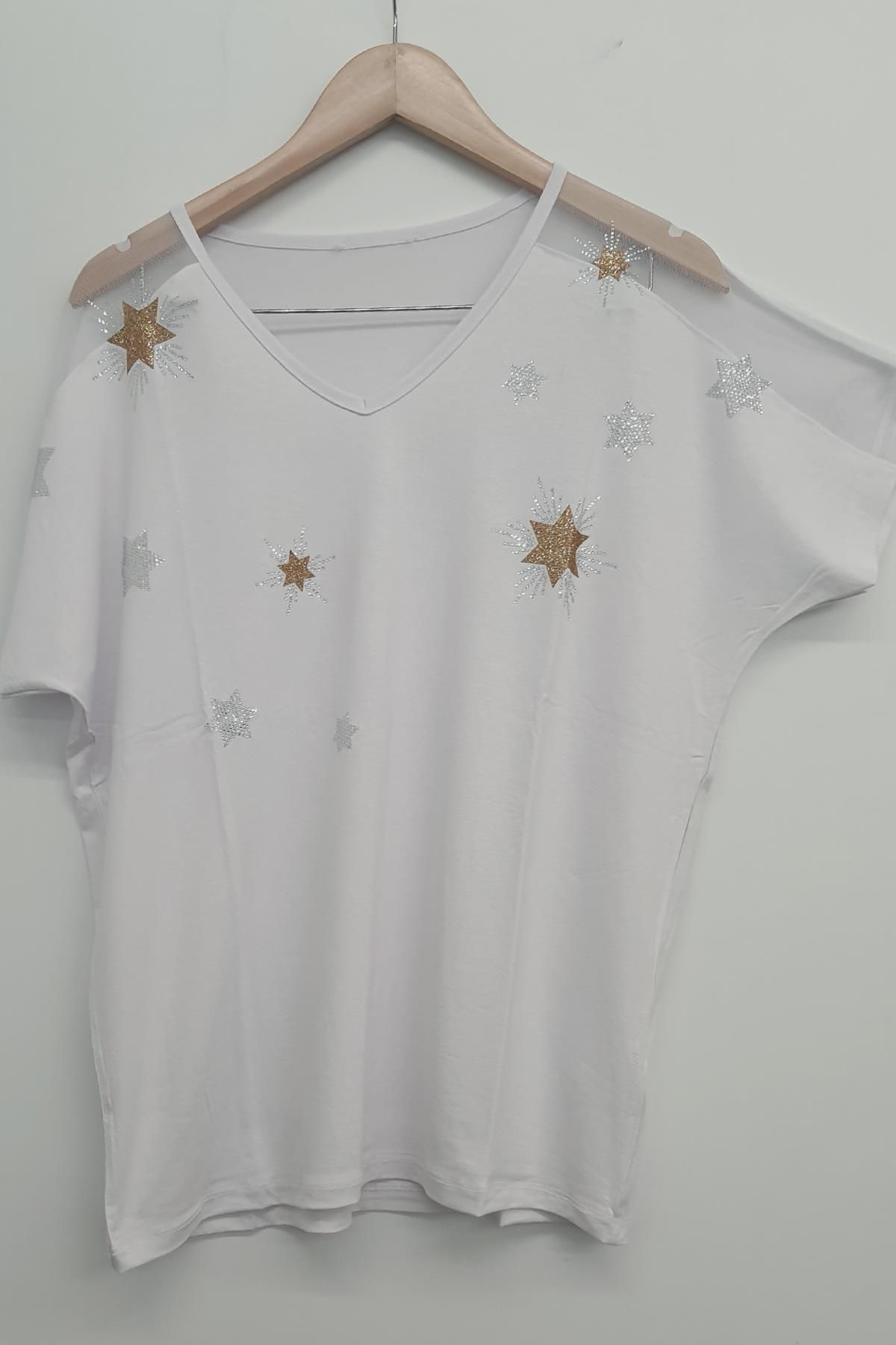 Ebsumu-White Printed - Women's Plus Size Blouse with Shoulder Tulle Detail 1