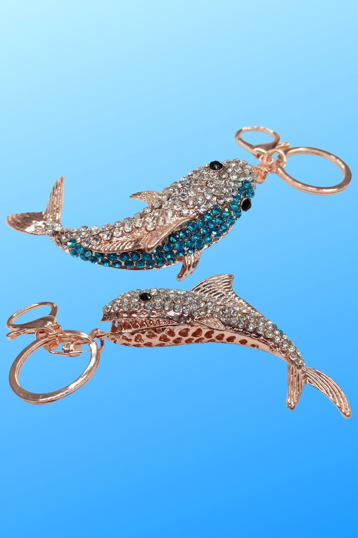 Dünyadan Hediyeler-Blue Shark Keychain with Crystal Stones No.2 4