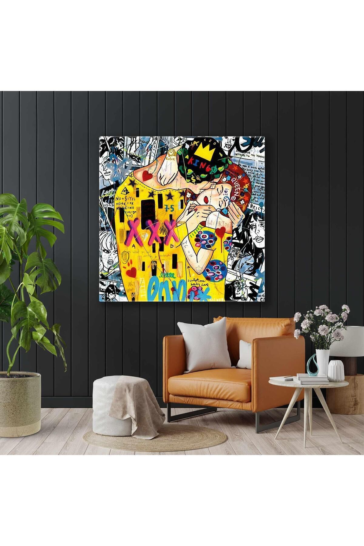 Vividale Gustav Klimt Grafitti Öpücük Tablosu Sokak Sanatı Kare Kanvas Tablo