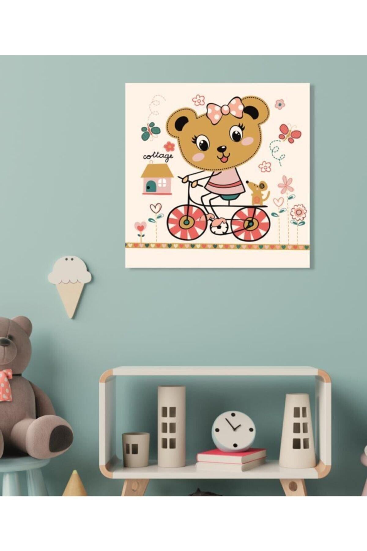 Vividale Dekoratif Çocuk Odası Bike Teddy Bear Duvar Kanvas Tablo