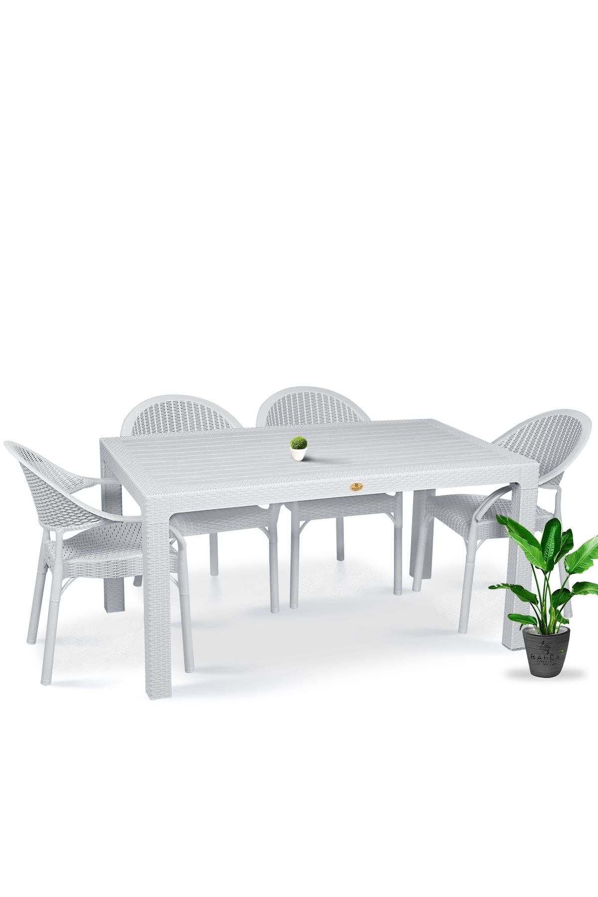 bahex Bambu Pro 4'lü 90x150cm Rattan Bahçe Balkon Masa Takımı 4 Kişilik Camsız Set Beyaz