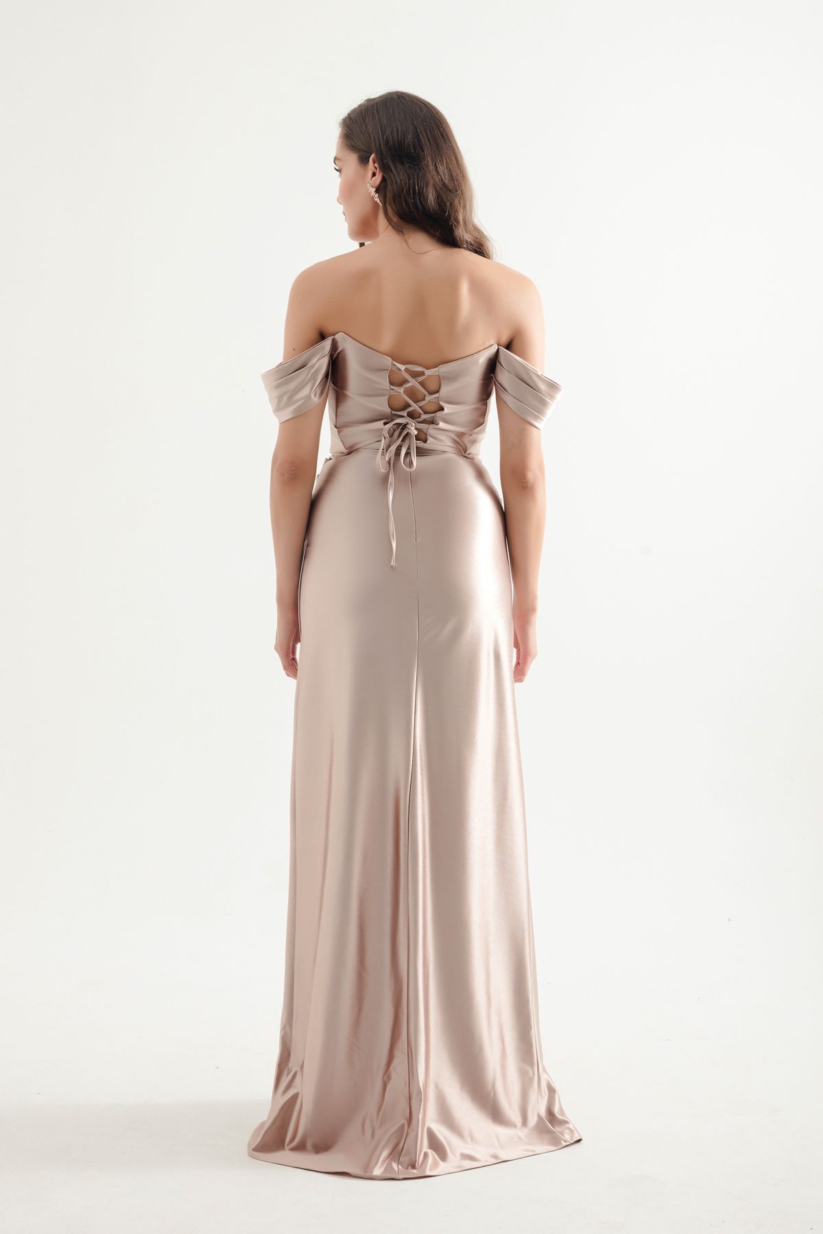 Lafaba-Beige Long Evening Dress - Boat Neck and Slit Detail 5