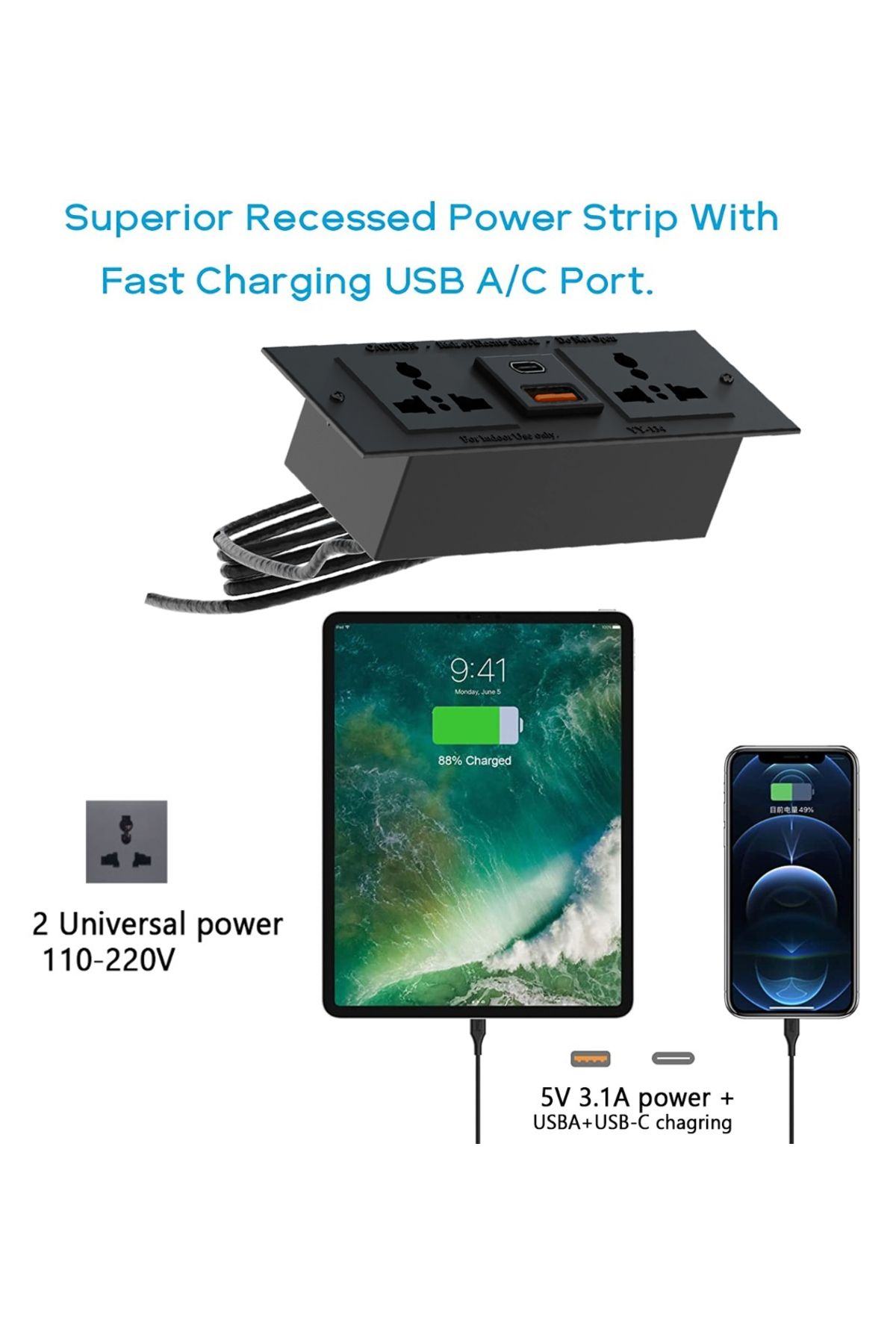 Mahmayi-White MP1-WO-WHT-PM Writing Table with Power Module, Power Strip Desktop Socket Board 5