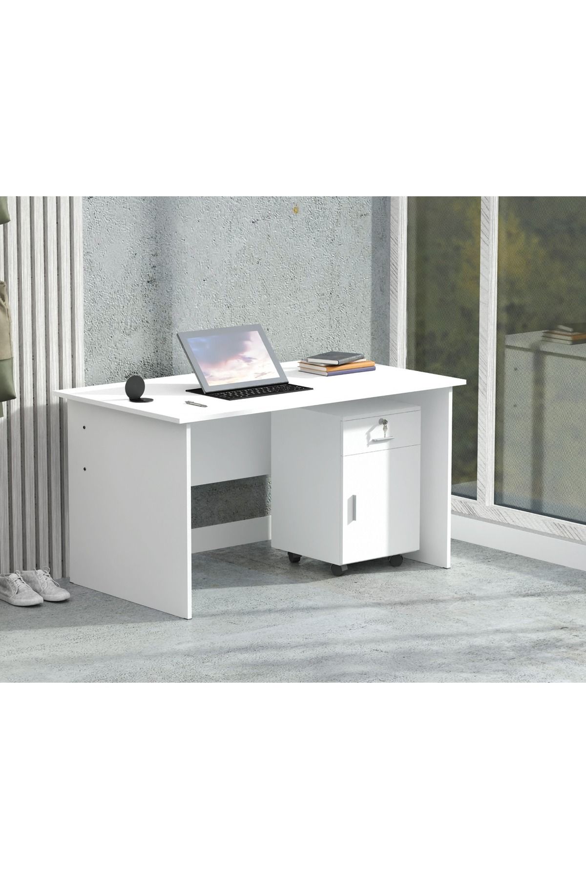 Mahmayi-MP1 100x60 Writing Table with Drawers - White with 51-1H Round Desktop Power Module 4