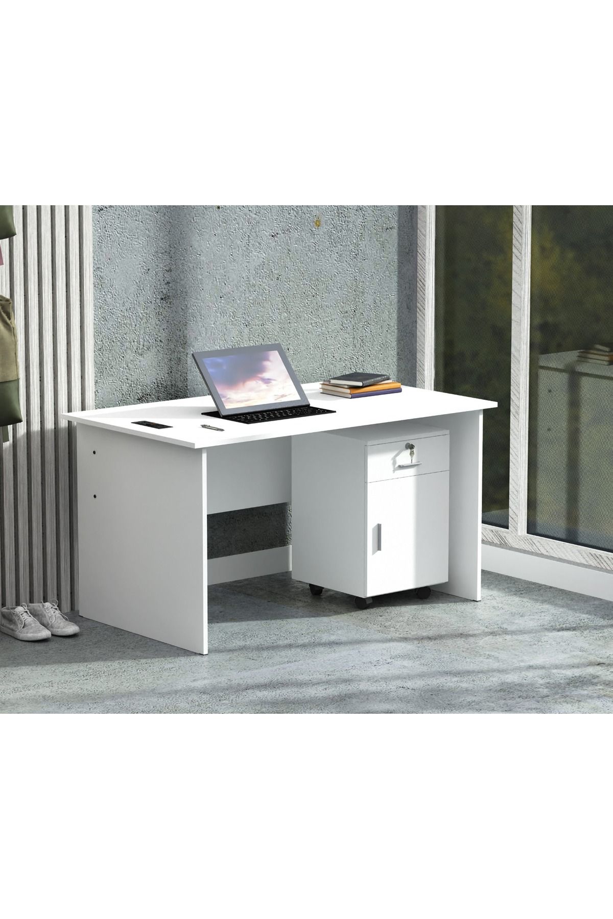Mahmayi-MP1 160x80 White Writing Table With Drawers and Black BS01 Desktop Socket USB AC Port 4
