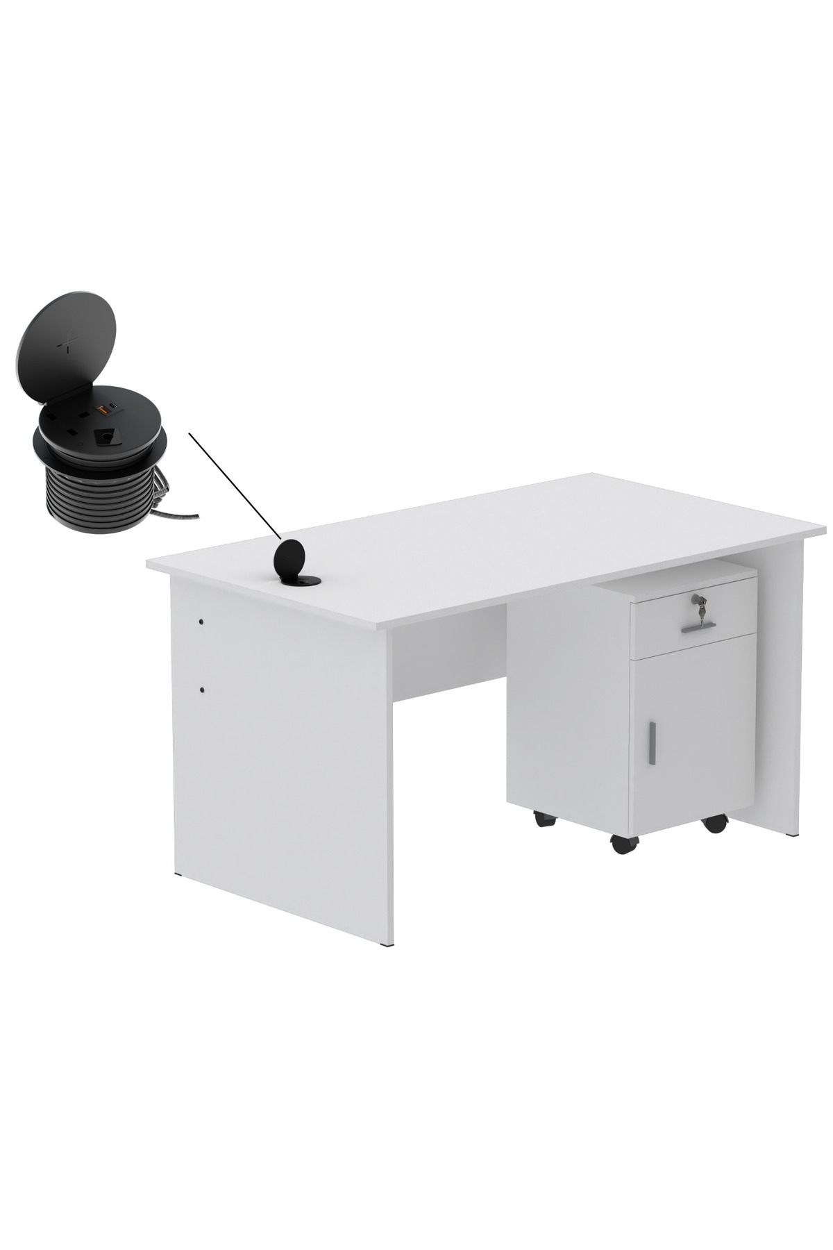Mahmayi-MP1 140x80 White Writing Table With Drawers and Black 51-1H Round Desktop Power Module 1