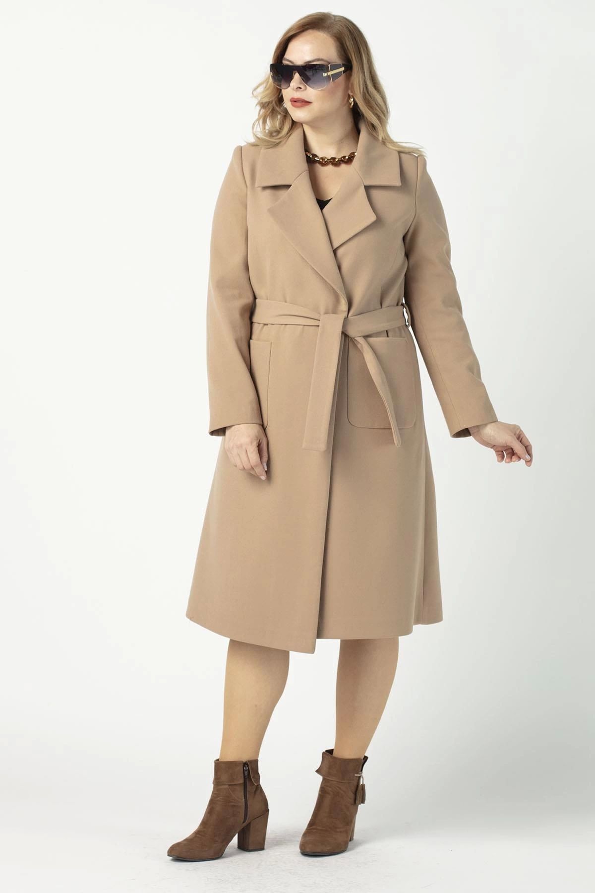 Moda Berray 904 Maro Mono Guler Geantă Buzunar Cusătură Palton Femeie - 38