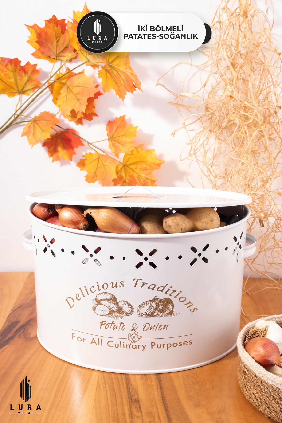 White Metal Potato and Onion Basket with 2 Compartments - 40x24 cm, 18 LT Vegetable Metal Storage Container