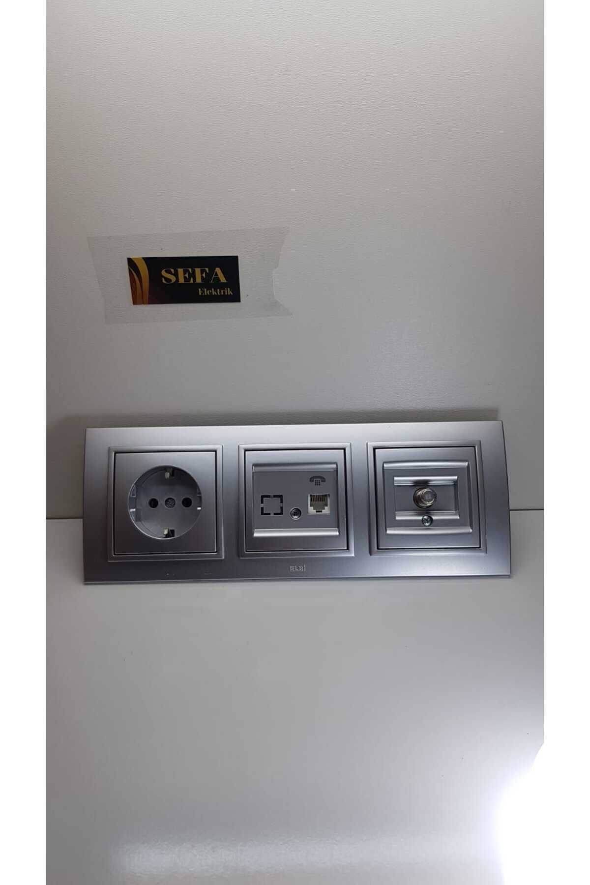 ELBİ-Zena Silverline Series - Metallic Gray, Phone Socket, Satellite Socket, Grounded Socket Framed Triple Suit 1