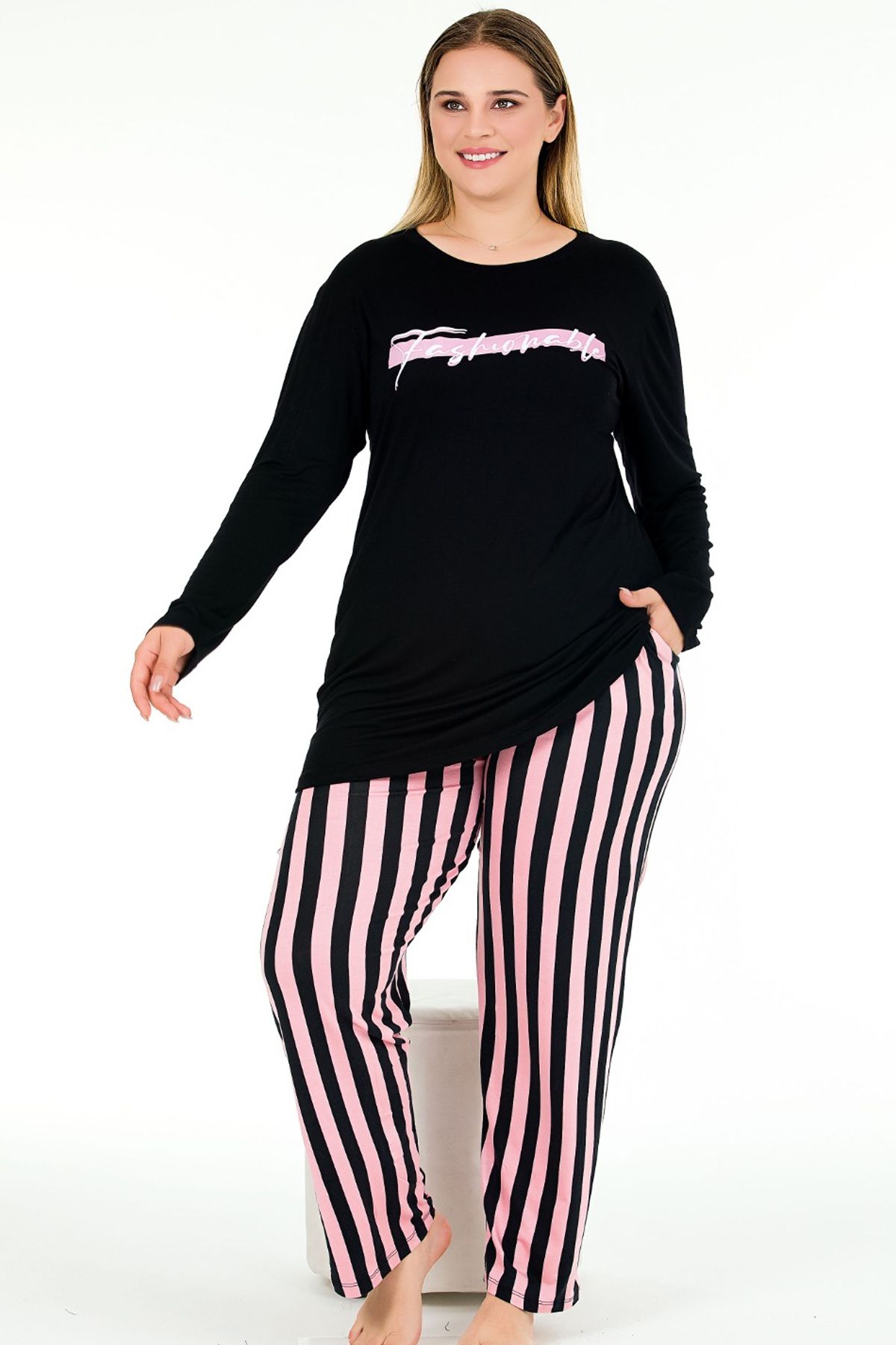 Jenny Daphne-Plus Size Striped Soft Pajama Set - Long Sleeve Black Top Viscose 11395 1