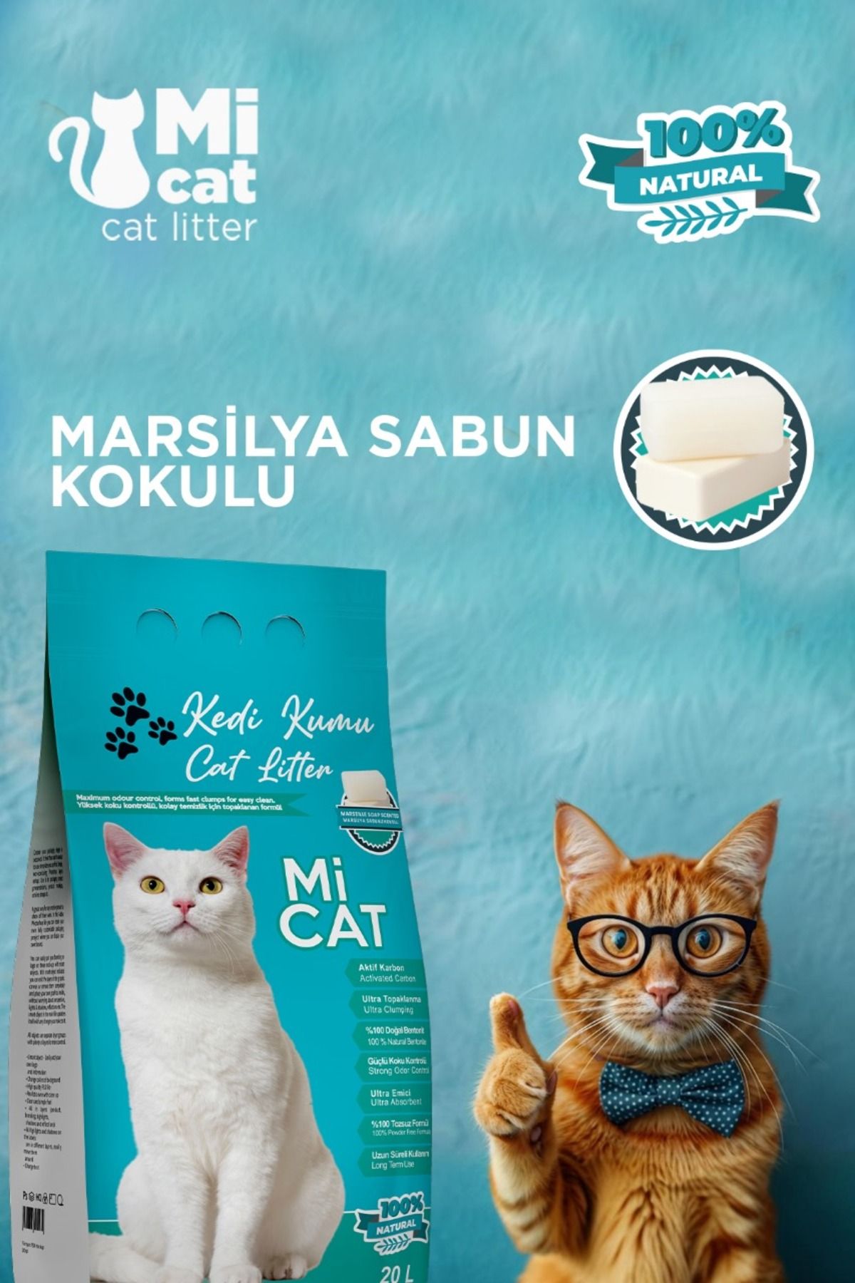 Mİ CAT 20 Litre Marsilya Sabun Kokulu Kedi Kumu Koku Hapseden Süper Topaklanan Ve Tozsuz