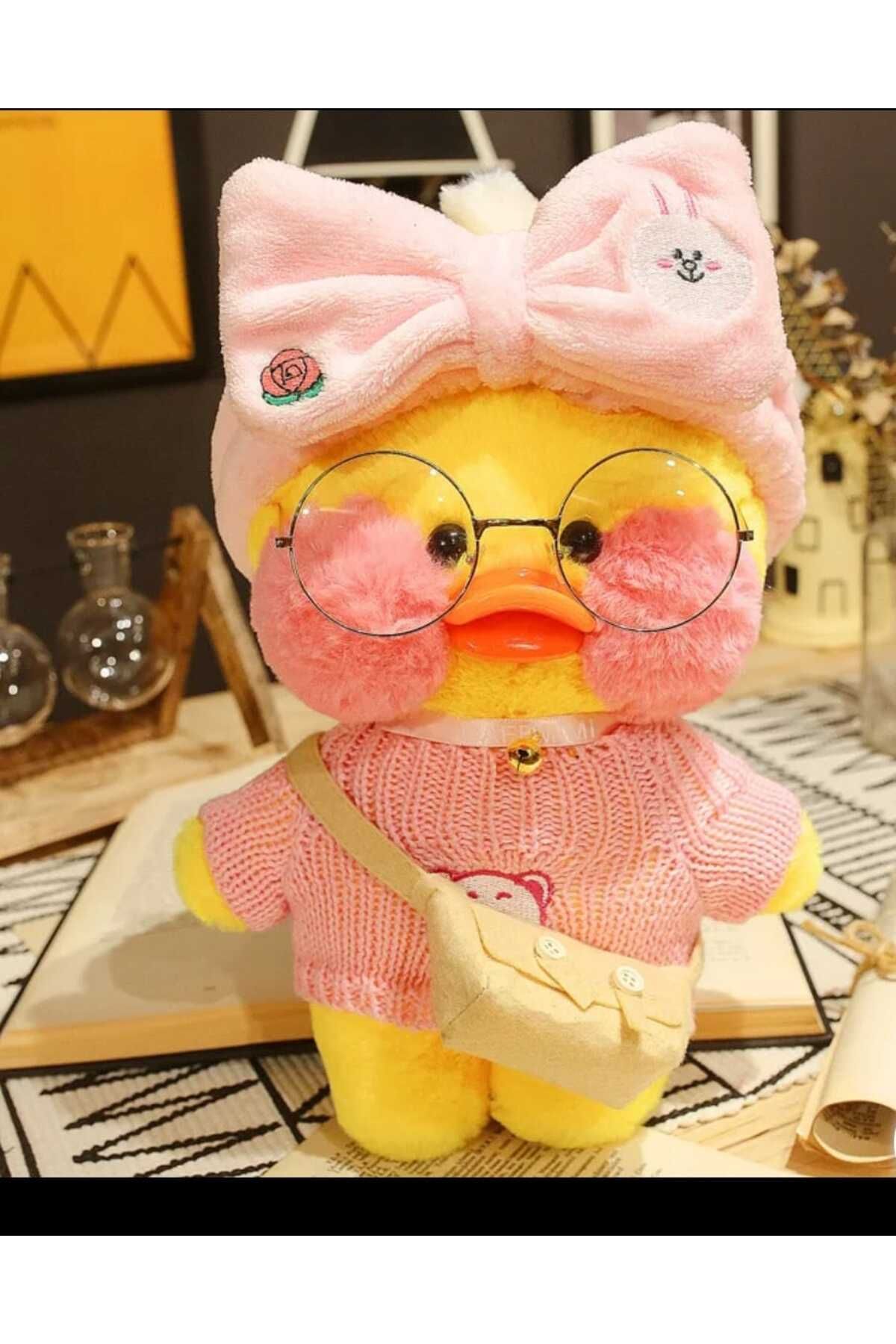 Toyhouse-Tohouse Kawai - 30 cm Yellow Plush Duck with Pink Conbin and Dressed Glasses Toy 3