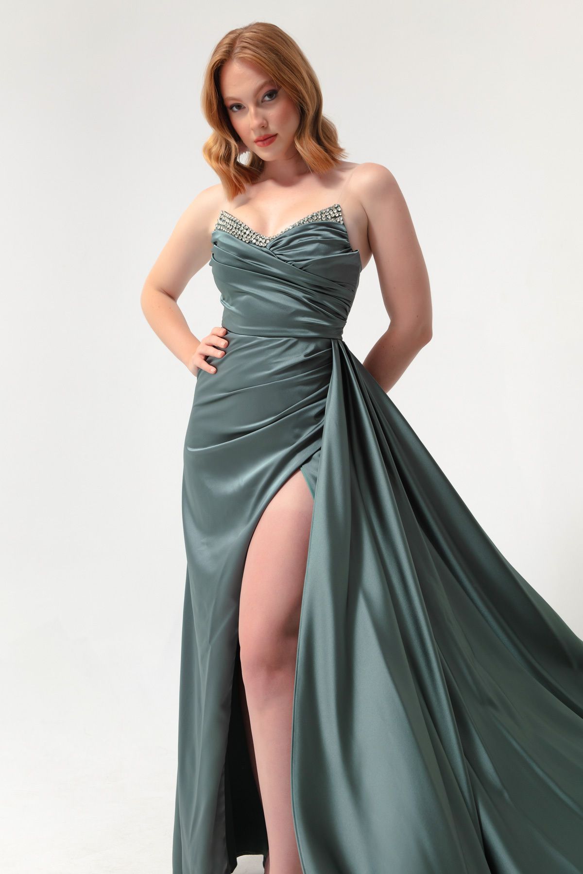 Lafaba-Rochie de seară lungă de damă, verde mentă, piept, piatră 1