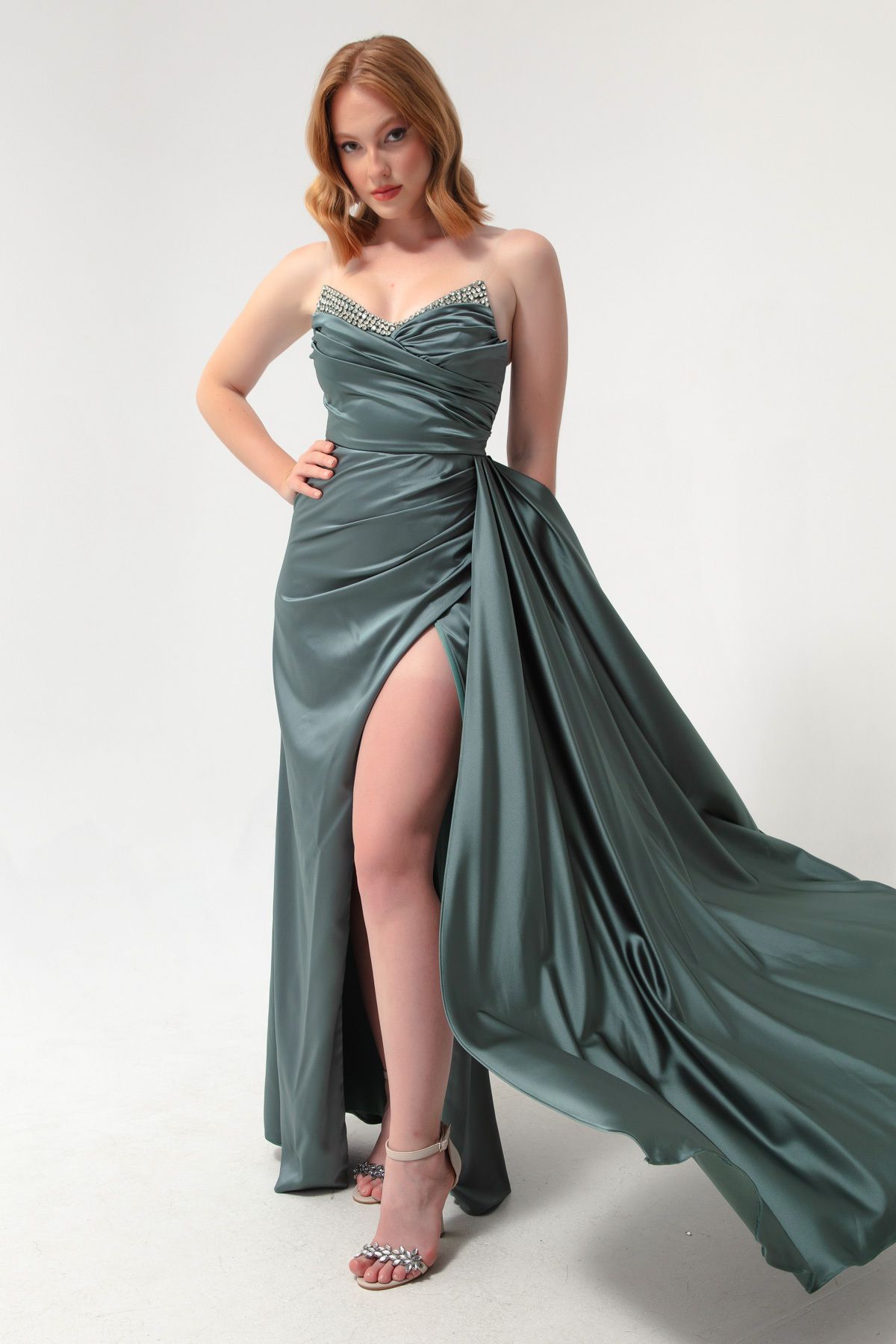 Lafaba-Rochie de seară lungă de damă, verde mentă, piept, piatră 4