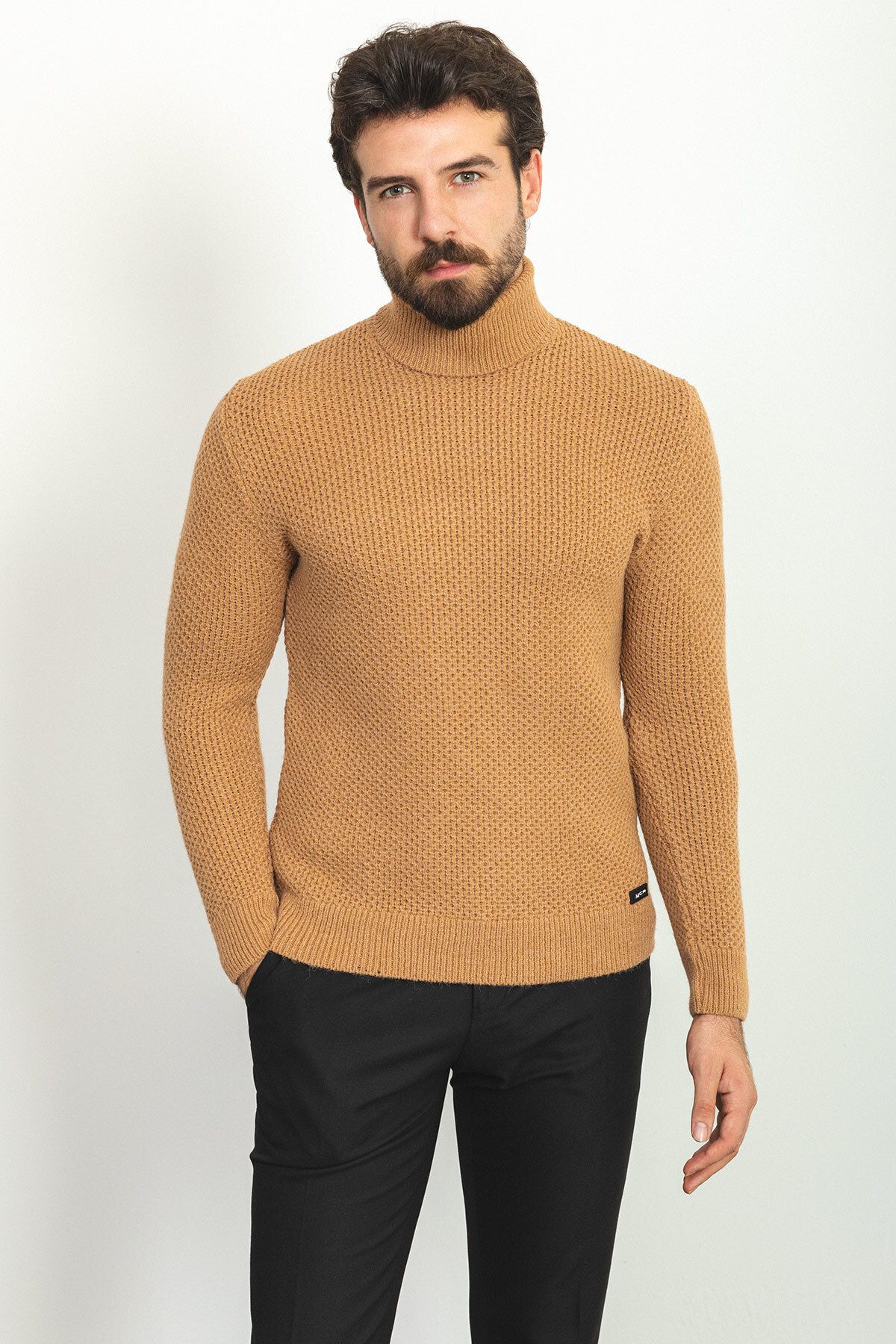 Mcr-Patterned Camel Color Slim Fit Full Turtleneck Wool Men's Sweater 3