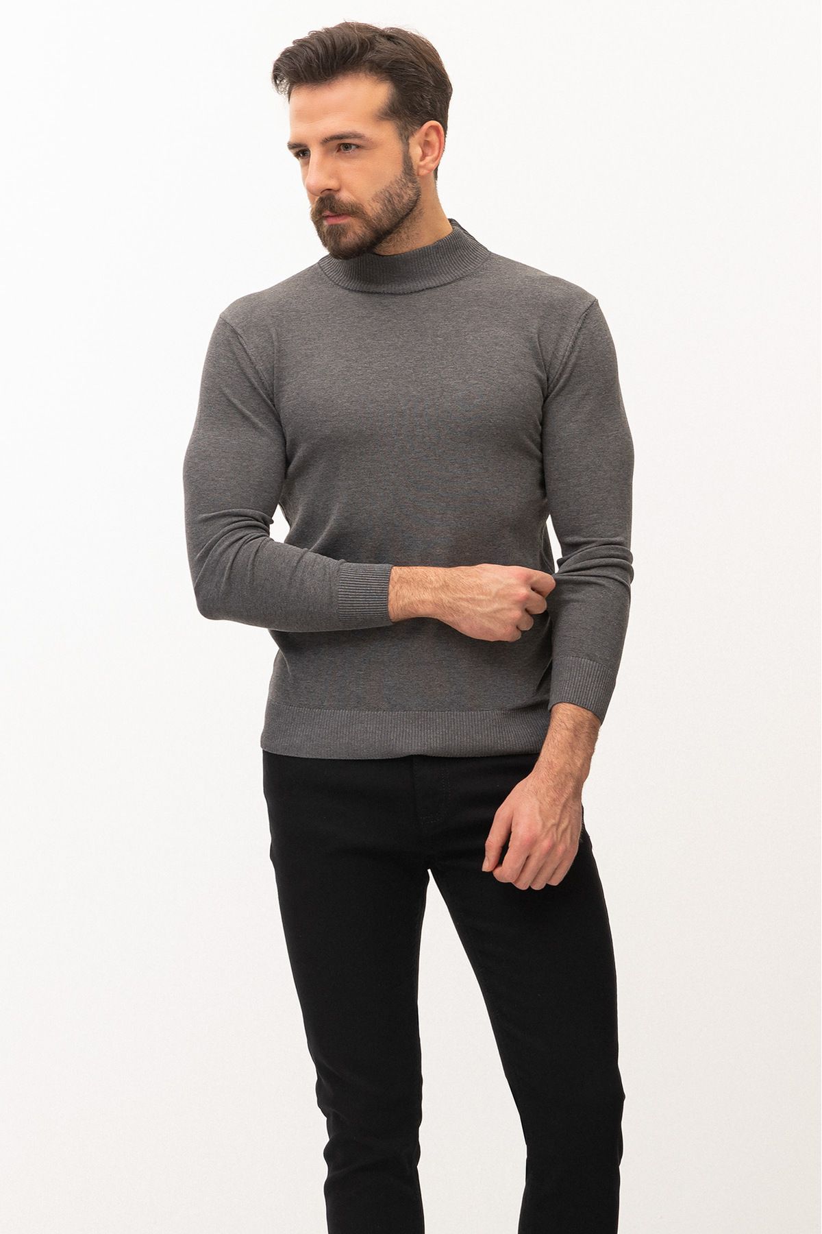 Mcr-Plain Anthracite Color Slim Fit Men's Half Turtleneck Sweater 1