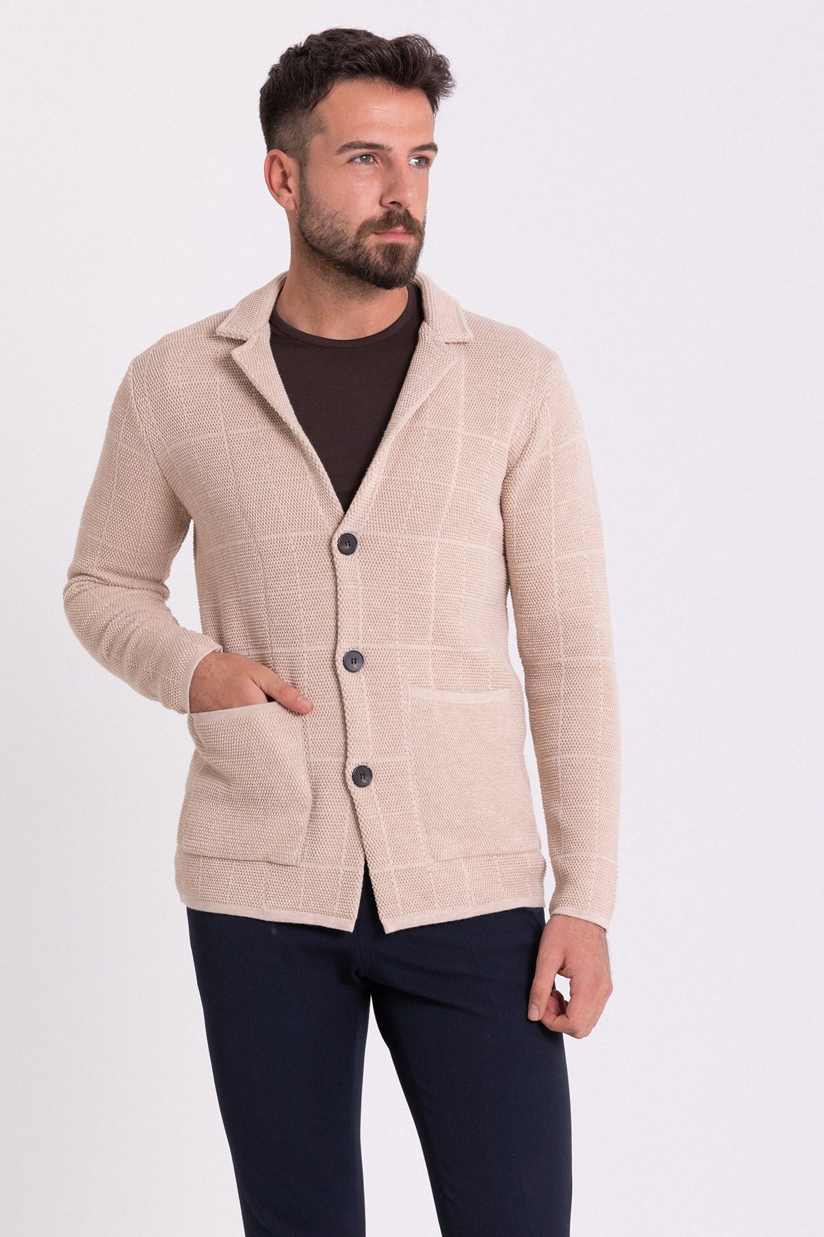 Mcr-Checkered Beige Bag Pocket Slim Fit Men's Knitwear Jacket 4