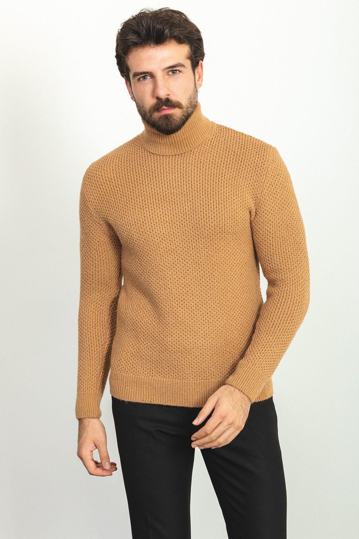 Mcr-Patterned Camel Color Slim Fit Full Turtleneck Wool Men's Sweater 1