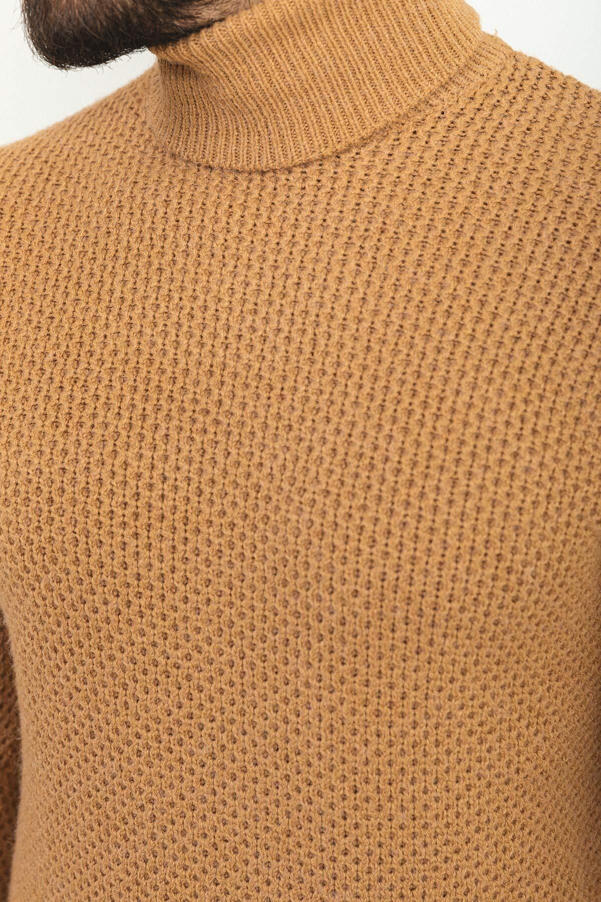 Mcr-Patterned Camel Color Slim Fit Full Turtleneck Wool Men's Sweater 4