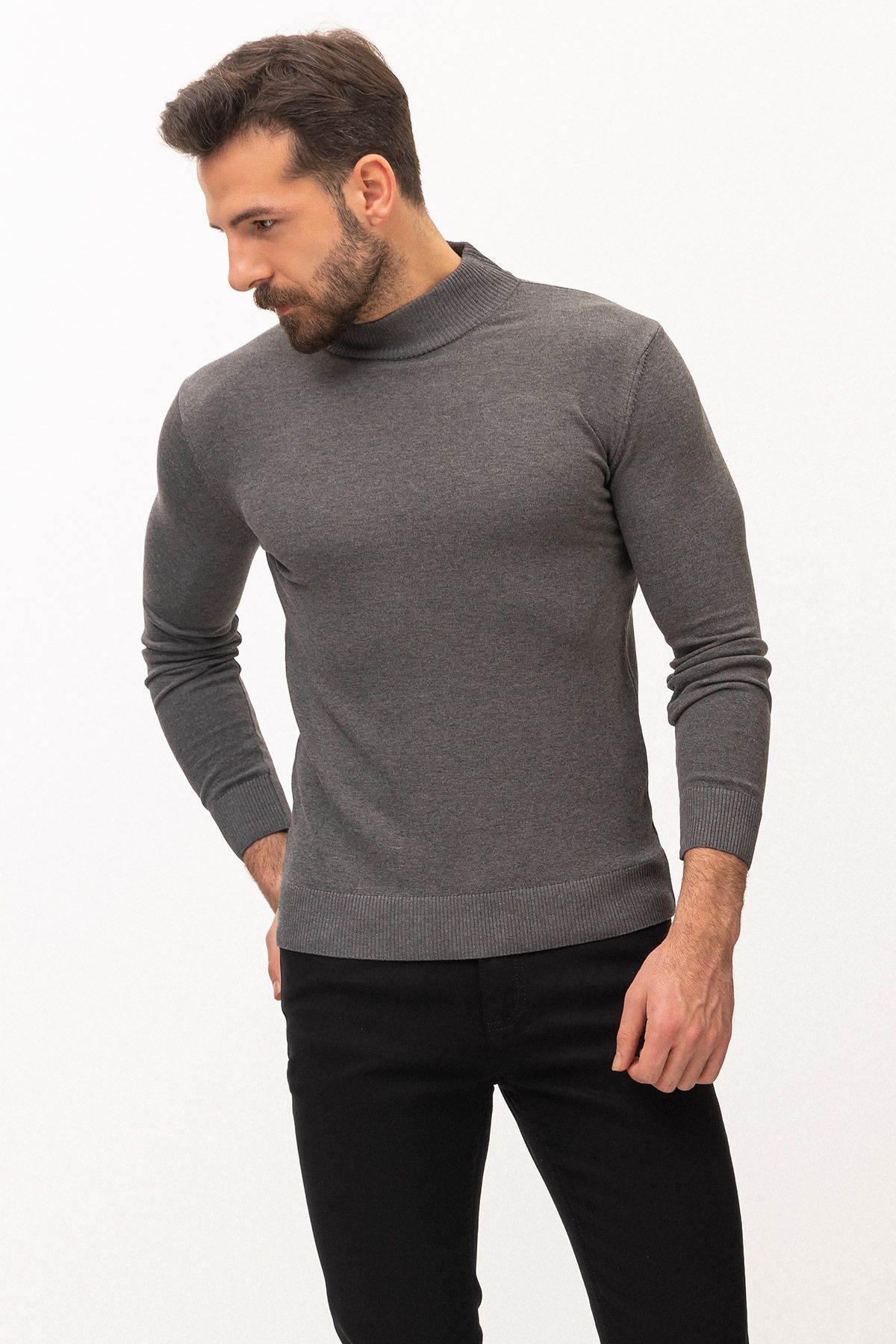 Mcr-Plain Anthracite Color Slim Fit Men's Half Turtleneck Sweater 5