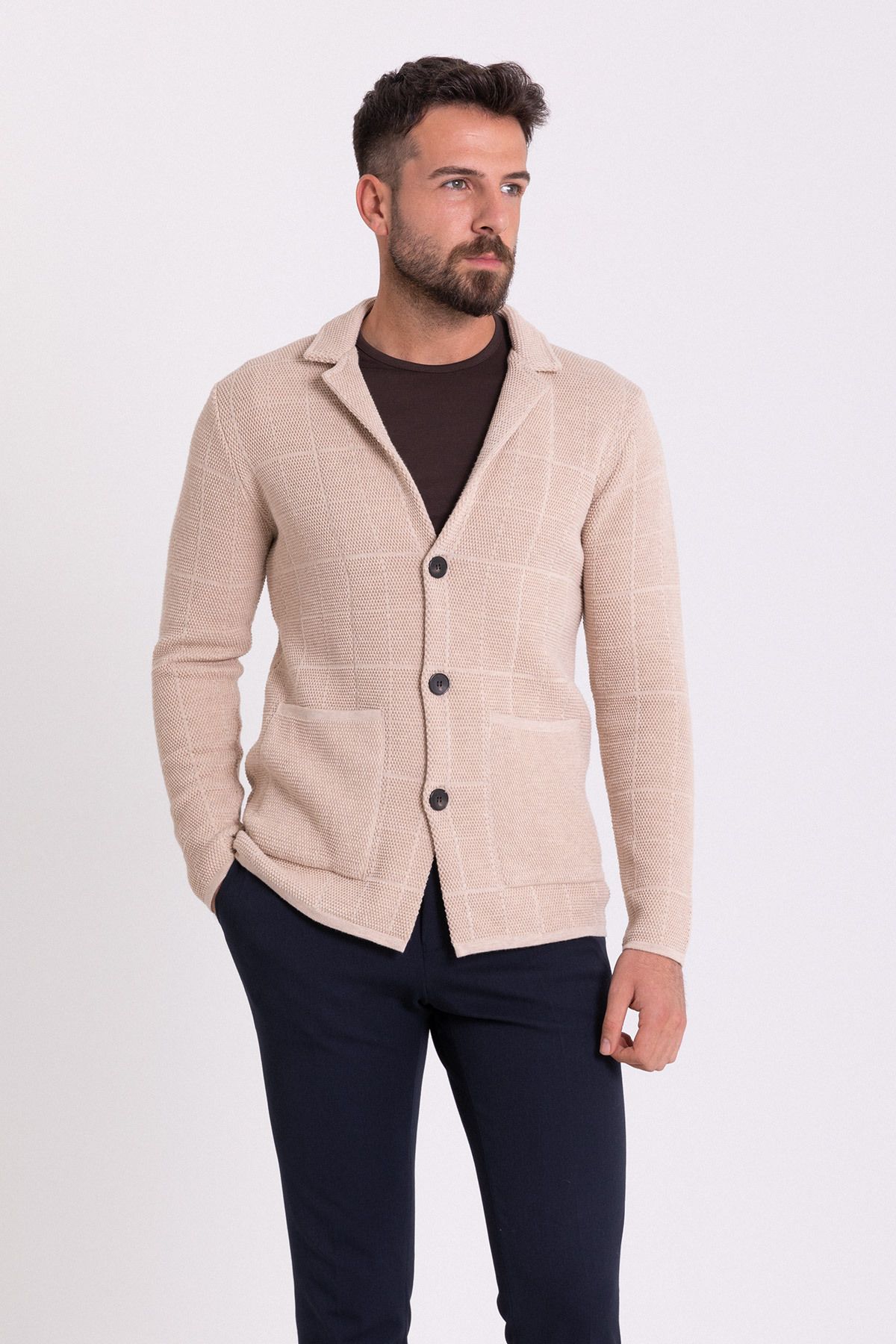 Mcr-Checkered Beige Bag Pocket Slim Fit Men's Knitwear Jacket 3