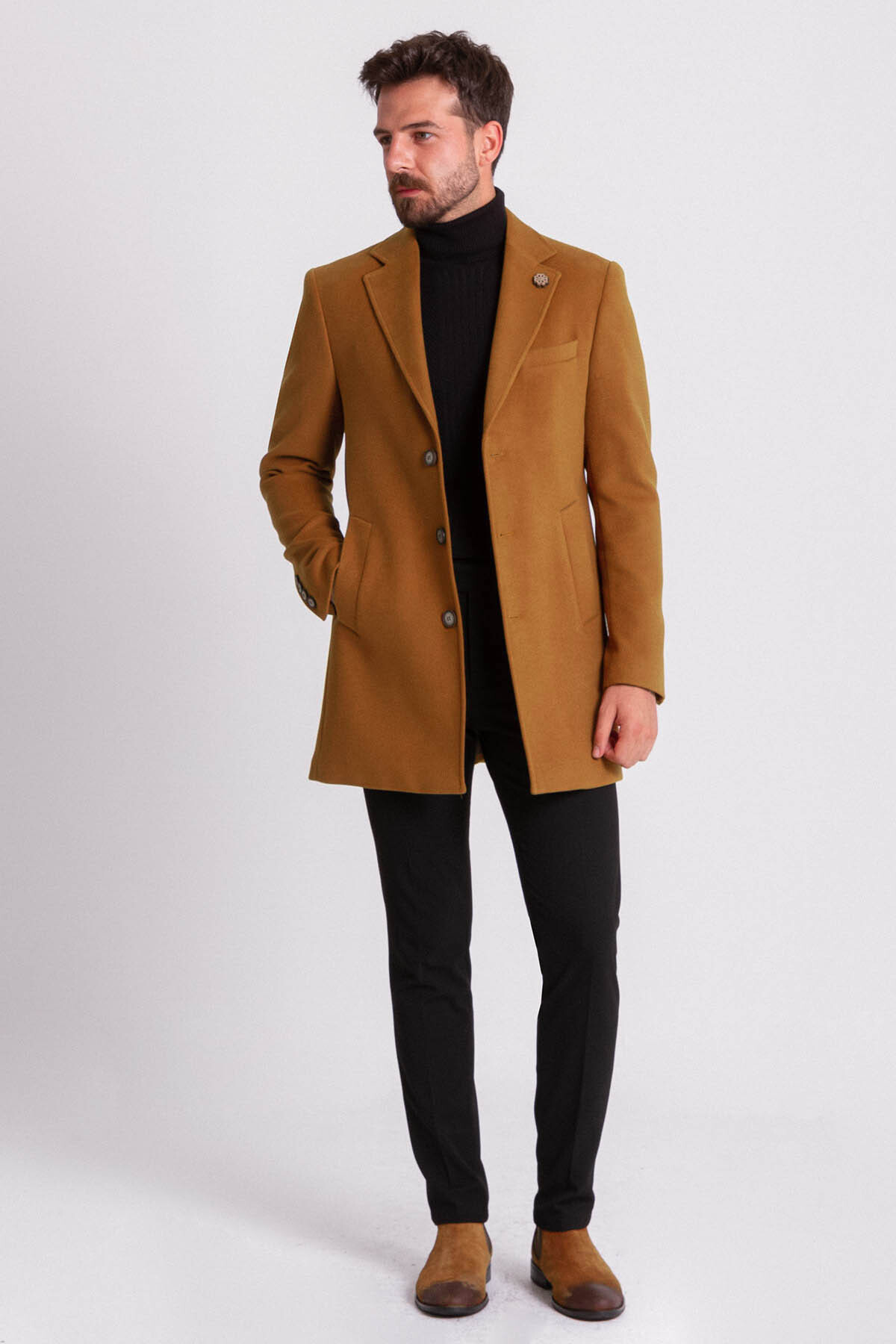Düz Slim Fit Mono Yaka Klasik Yün Erkek Kaban Kamel - 21208.20K — رنگارنگ — تصویر 5 از 7