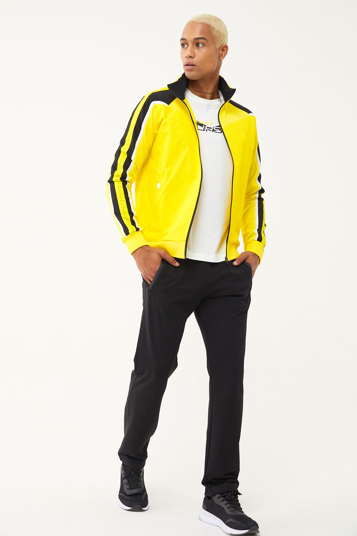 bilcee-Men's Yellow 3-Piece Tracksuit Set - Zippered, Stripe Detailed, for Sweatshirts 2051 4