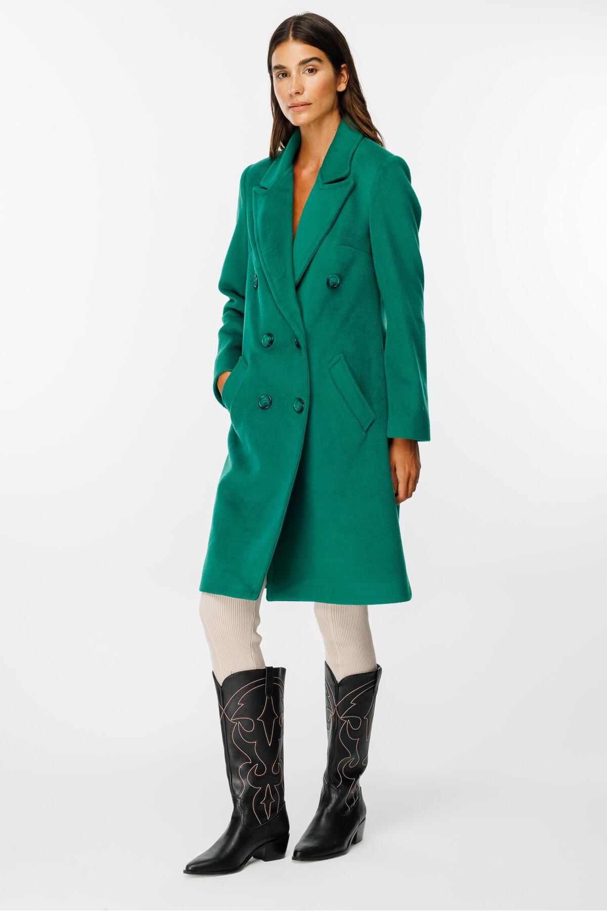 Moda İlgi-Green Double Breasted Coat - Modailgi Plain Stamp 2