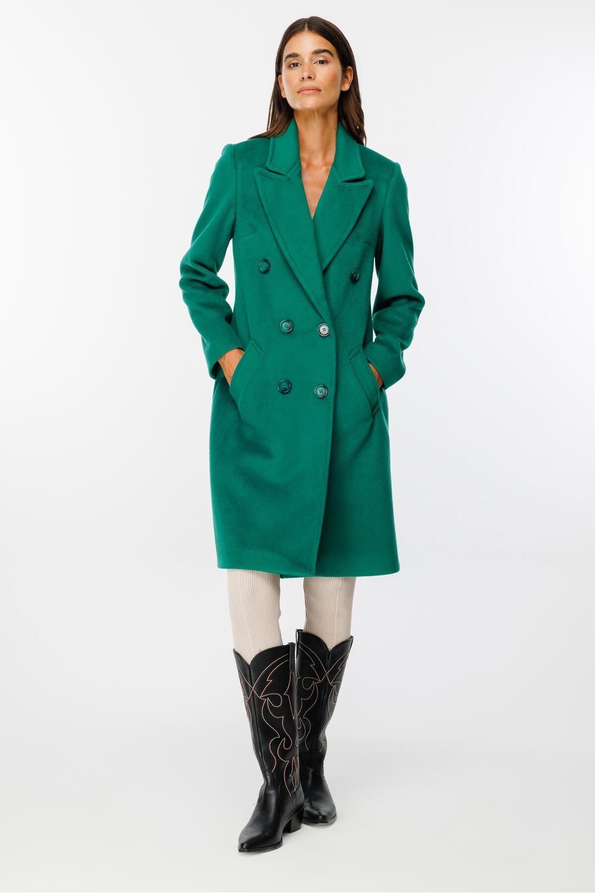 Moda İlgi-Green Double Breasted Coat - Modailgi Plain Stamp 3