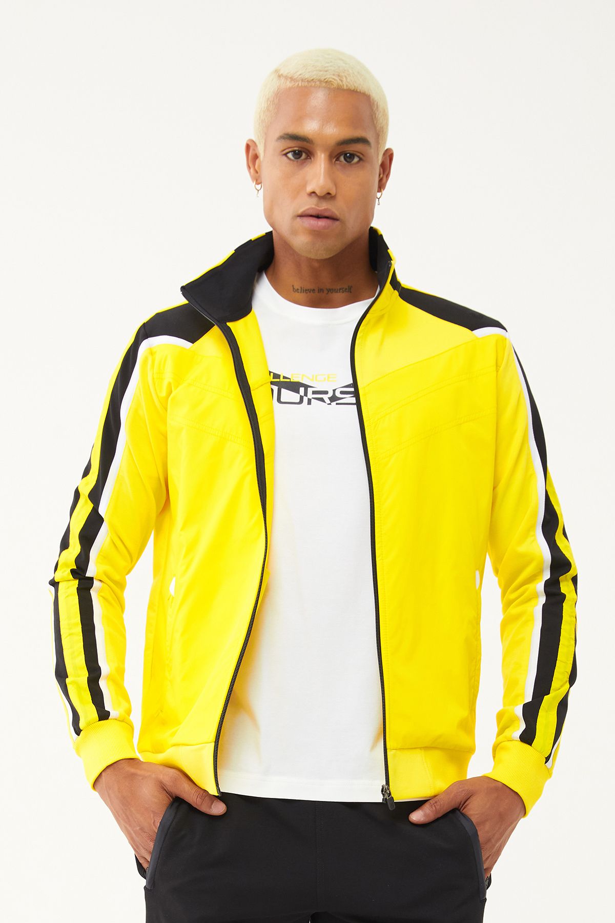 bilcee-Men's Yellow 3-Piece Tracksuit Set - Zippered, Stripe Detailed, for Sweatshirts 2051 2